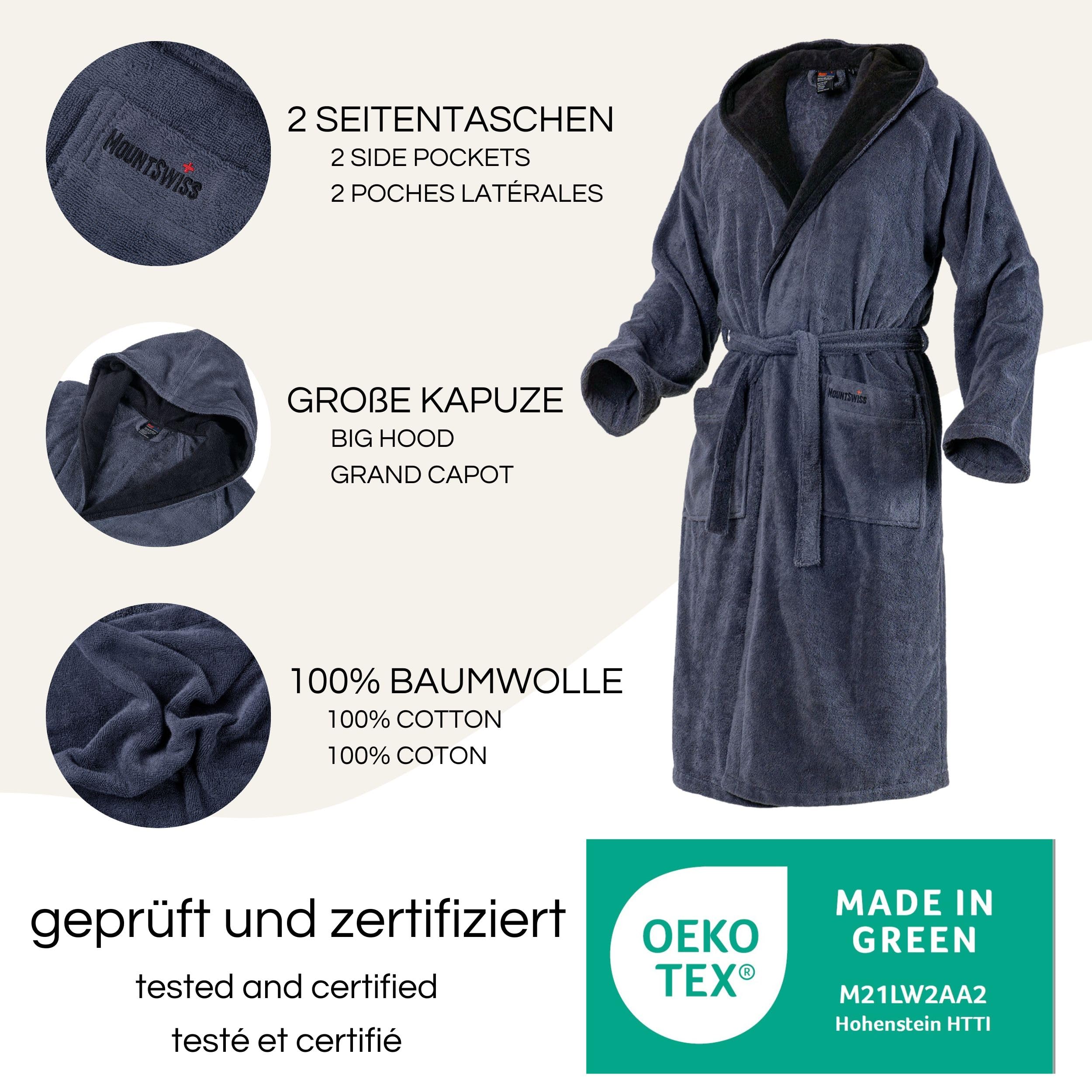 Mount Swiss Peignoir ARBON unisexe avec capuche peignoir homme femme en coton moelleux éco-tex vérifié
