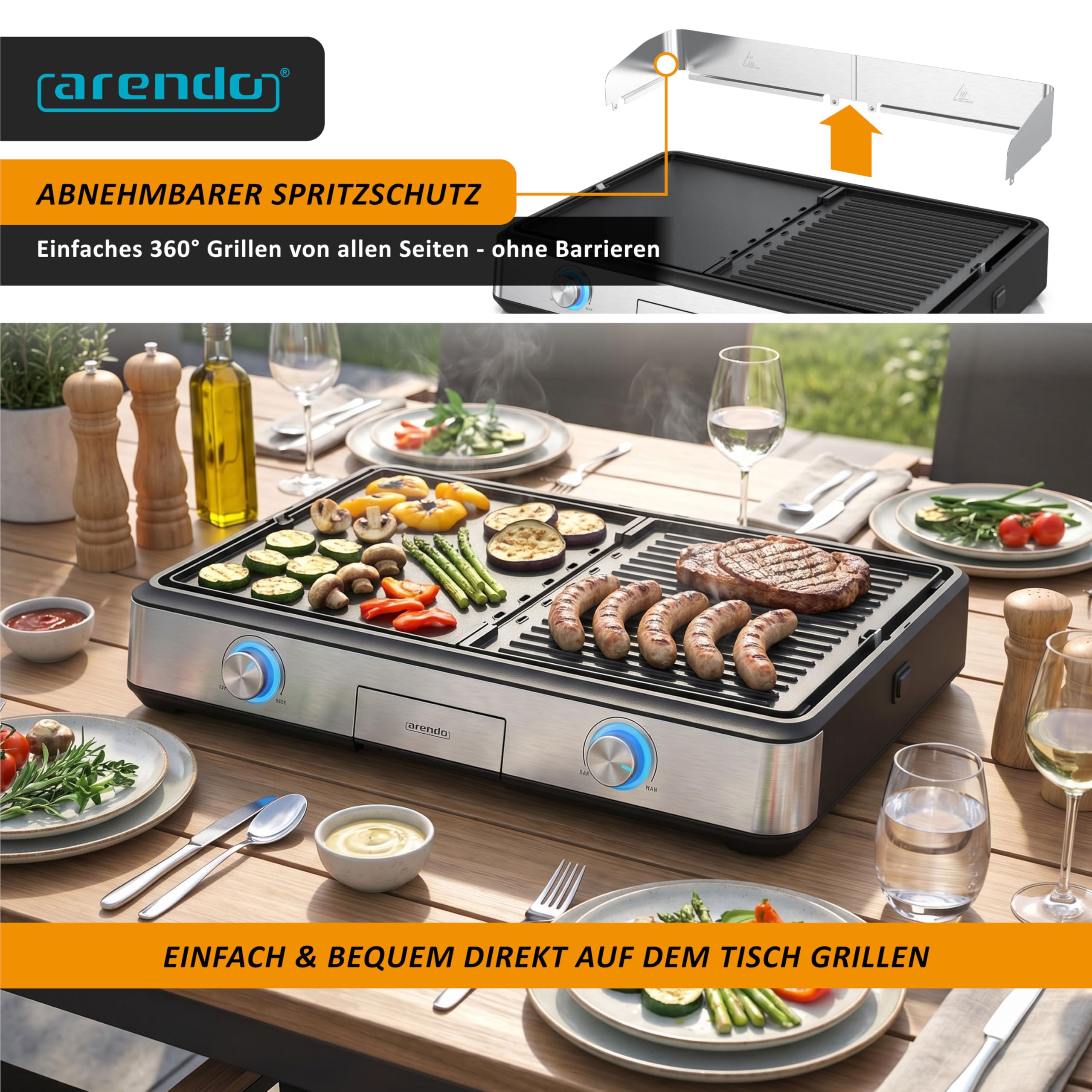 Arendo - Tischgrill elektrisch mit 2 Grillzonen - Electric grill 2 Thermostate - Elektrogrill Edelstahl – 2800W Leistung – Antihaft-Beschichtung –Spritzschutz – Für Balkon Küche Terrasse Garten