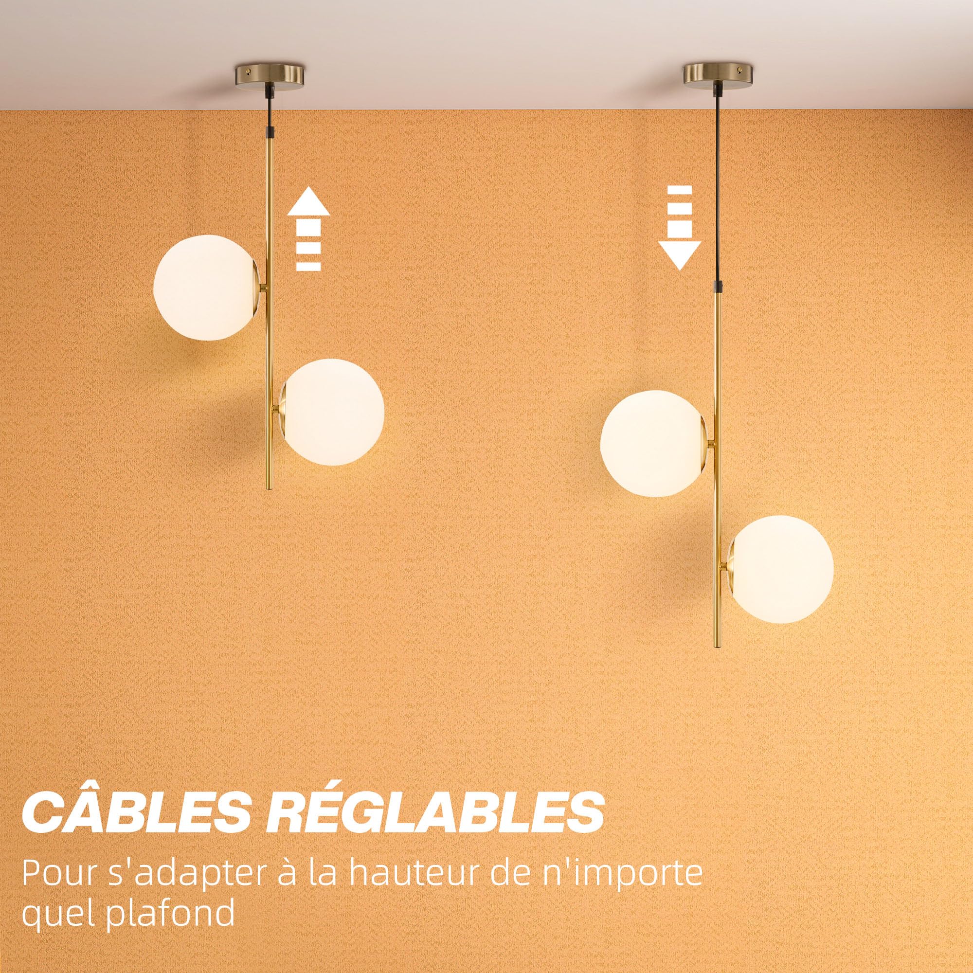 HOMCOM Suspension luminaire moderne double-tête, lustre plafonnier avec lumière suspendue réglable pour salon, entrée, finition dorée