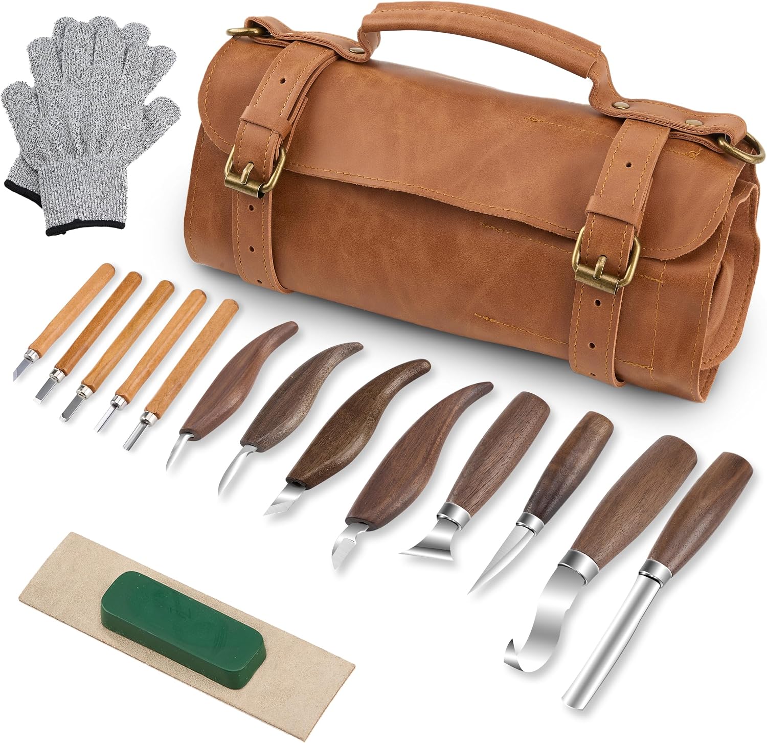Wood Carving Knife Set, Stainless Steel Whittling Knife with Sharp Edge and Black Walnut Wood Handle for Comfortable Grip - Ideal Whittling Kit for Beginners and Professionals with Storage Bag