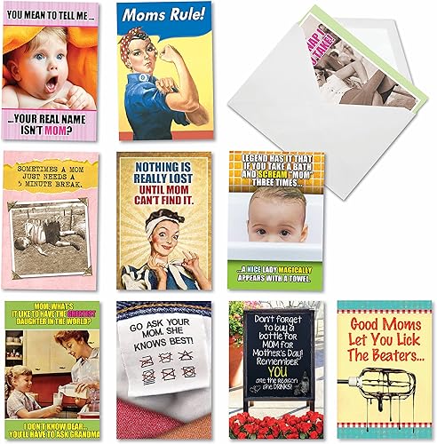 NobleWorks - 10 tarjetas surtidas del día de la madre con sobres - Tarjetas divertidas en caja para mamá, madrastra, mujeres - Mamá siempre sabe