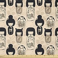 Vista 1 de Ambesonne The Yard, muñecas japonesas Kokeshi con estampado de flores de Sakura, estampado cultural, tela de punto elástico para ropa, costura