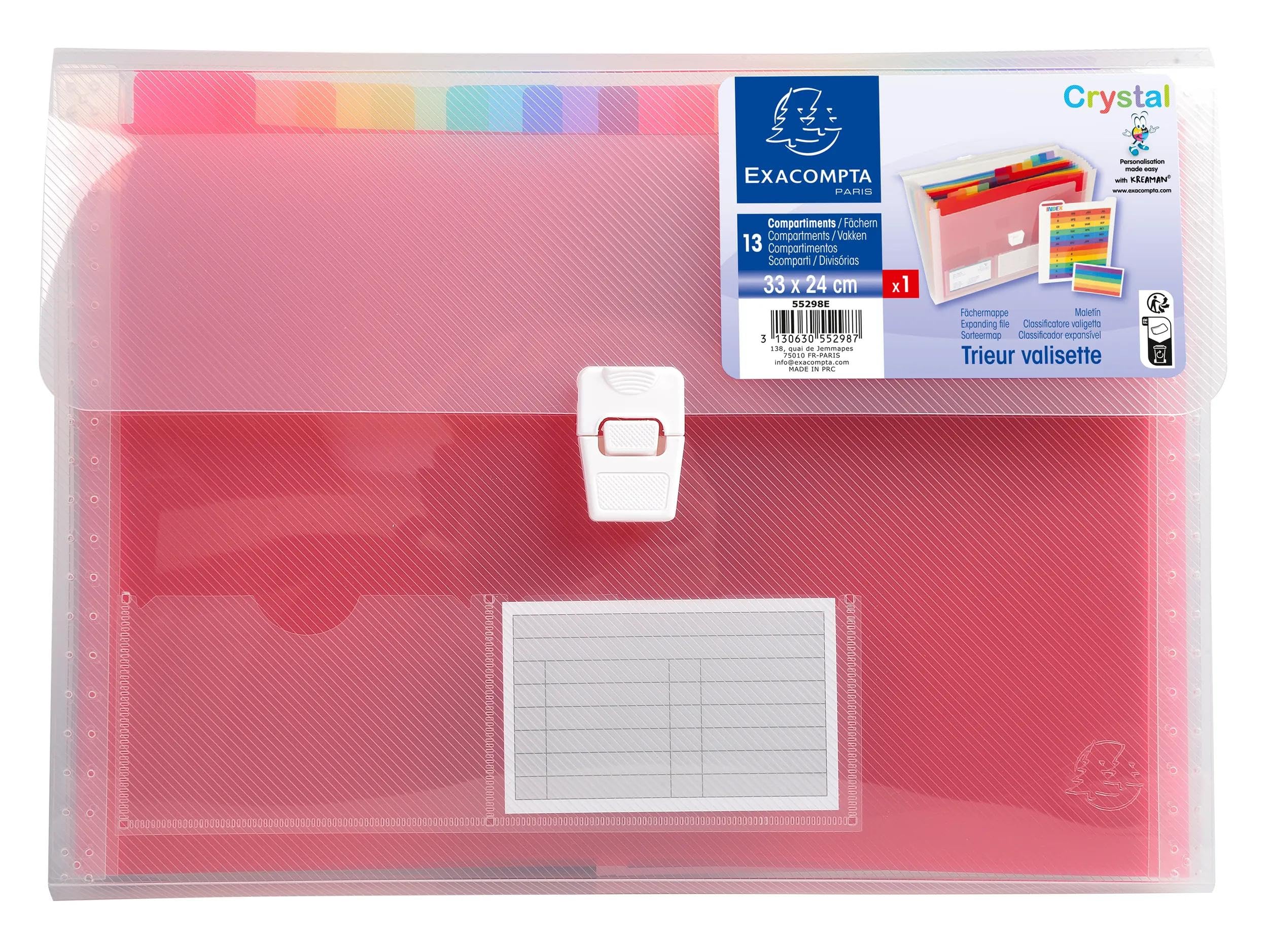 Exacompta - Réf. 55298E - Carton de 5 trieurs valisette Crystal - couverture et intérieur en PP - dos extensible - fermeture par bouton poussoir - 13 compartiments - dim 33x25 cm - cristal
