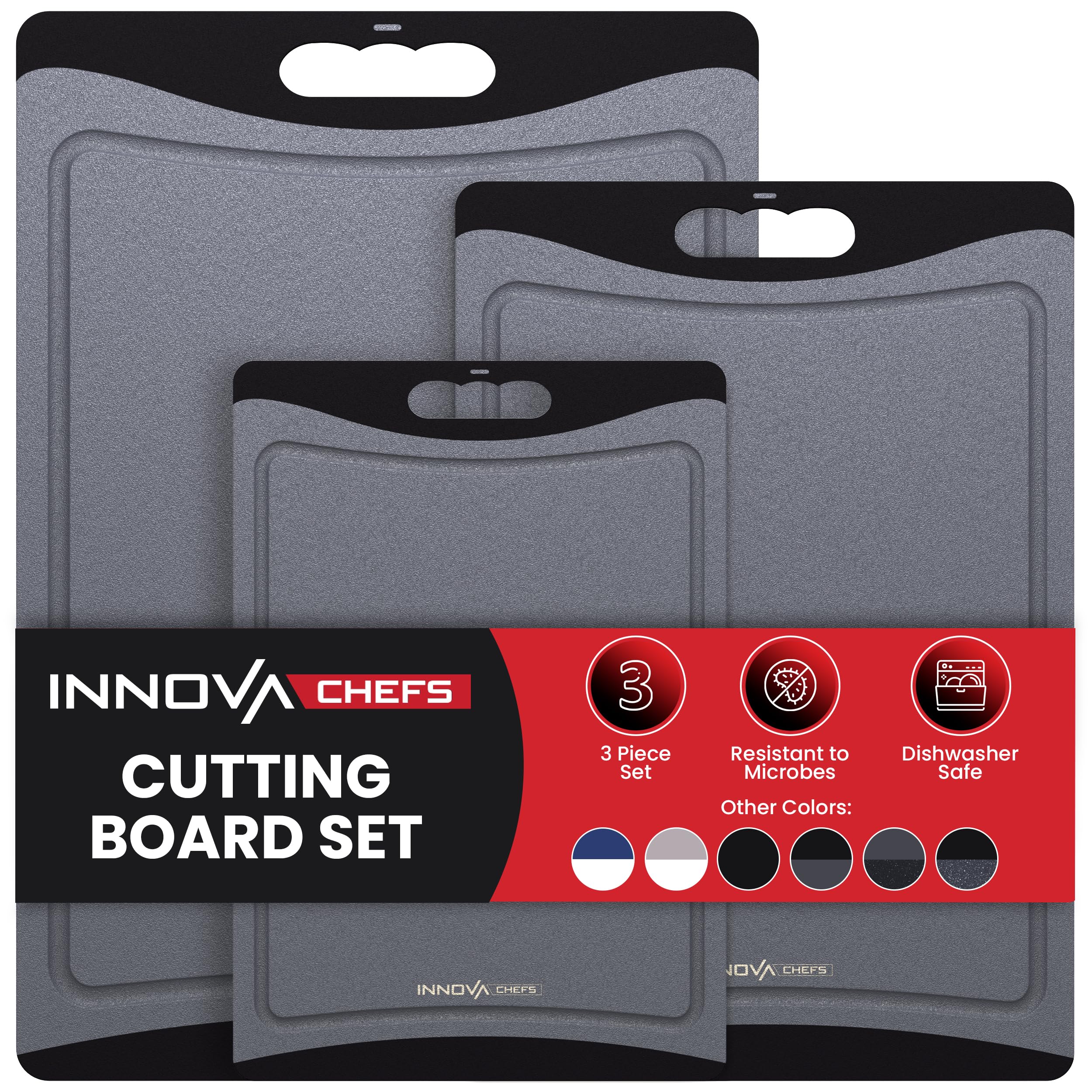 Tablas de cortar de plástico para cocina (gris/negro) - Paquete de 3 tablas de cortar de plástico antideslizantes y reversibles para cortar fácilmente - Juego de tablas de cortar aptas