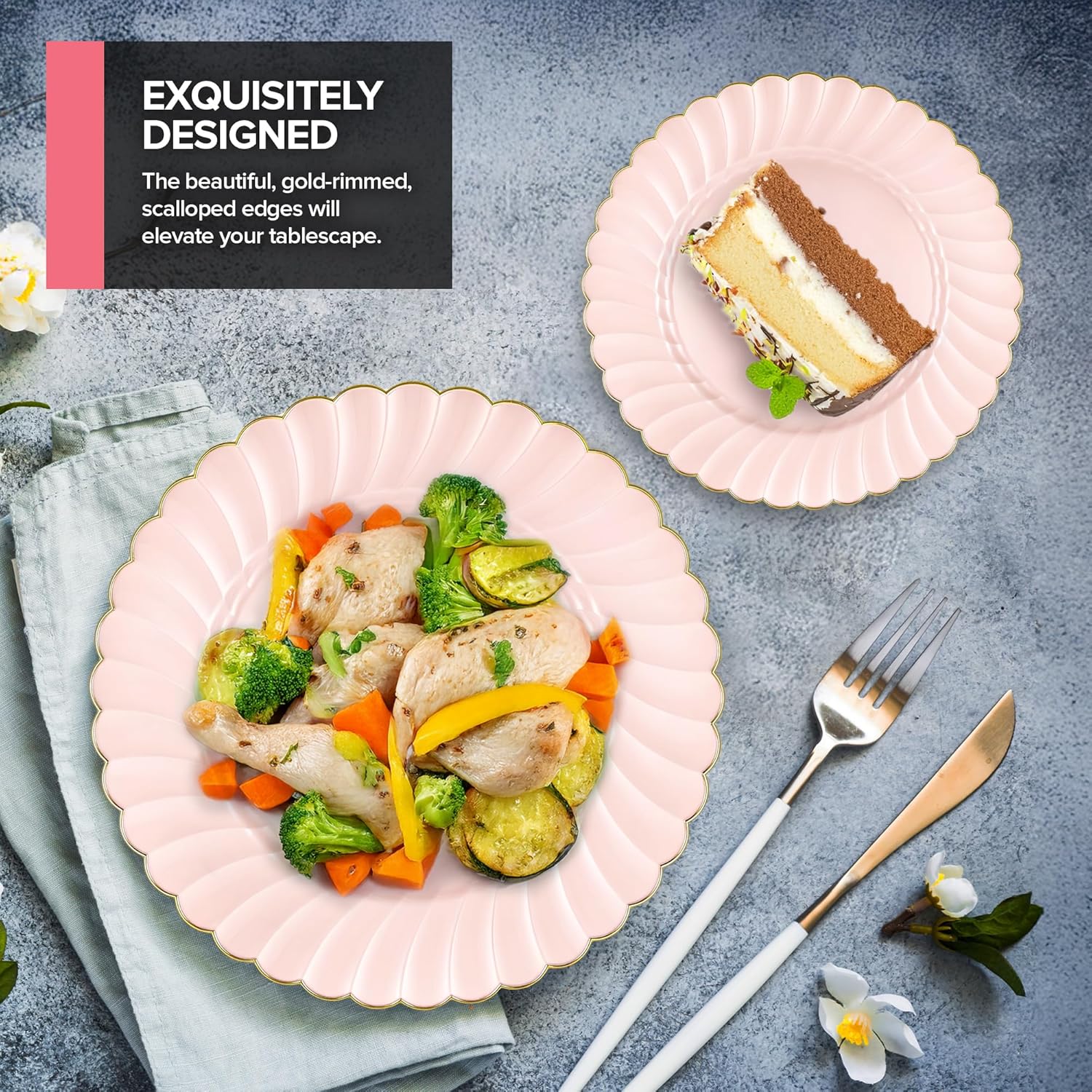 Stock Your Home 100 Pack Pink & Gold Scalloped Plastic Plates, Disposable Heavy Duty Gold Rimmed Plates for Parties, Weddings, Holiday Dinners and Special Events