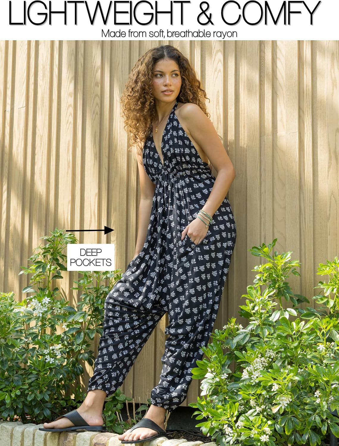 likemary Halter Rompers for Women - Flowy Jumpsuits with Pockets - Sexy Comfortable One-Piece Summer Overalls - Boho Jumper – Adjustable Summer Outfit Black & White
