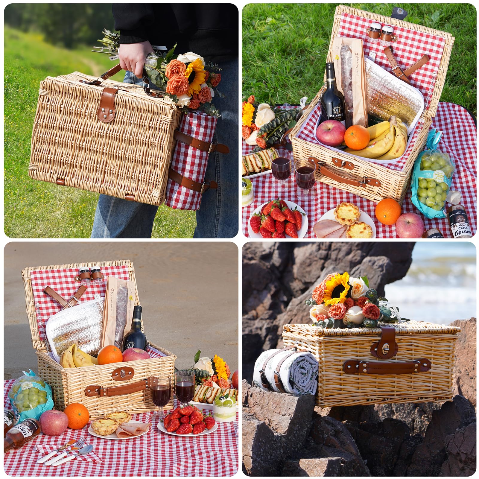 Picknickkorb für 2 Personen, Picknickkorb-Set mit Kühlfach und wasserdichte Picknickdecke, Besteck Set, Handgefertigtes Weidenkorb Picknick Korb Geschenk für Camping, Strand, Wandern (RotCheck)
