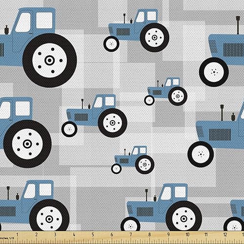 Ambesonne Tela de granja por The Yard, camiones tractores, máquinas industriales, cosechadora, ruedas agrícolas, aldea, tela decorativa para
