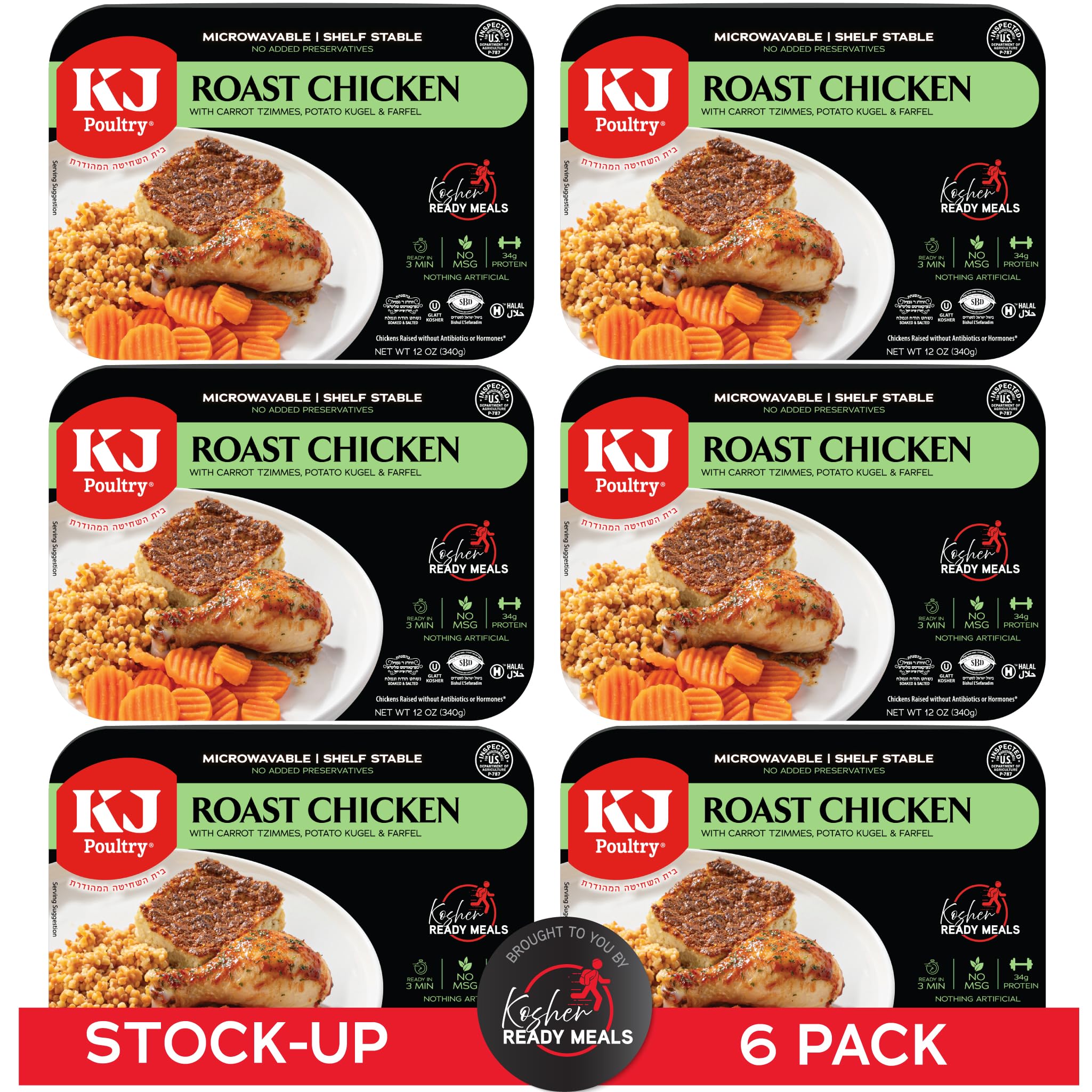 KJ Poultry Kosher Ready Meals - Bone In Chicken & Kugel, MRE Meat Meals Ready to Eat, Shabbos Food, Halal, (6 Pack) Prepared Entree Fully Cooked,