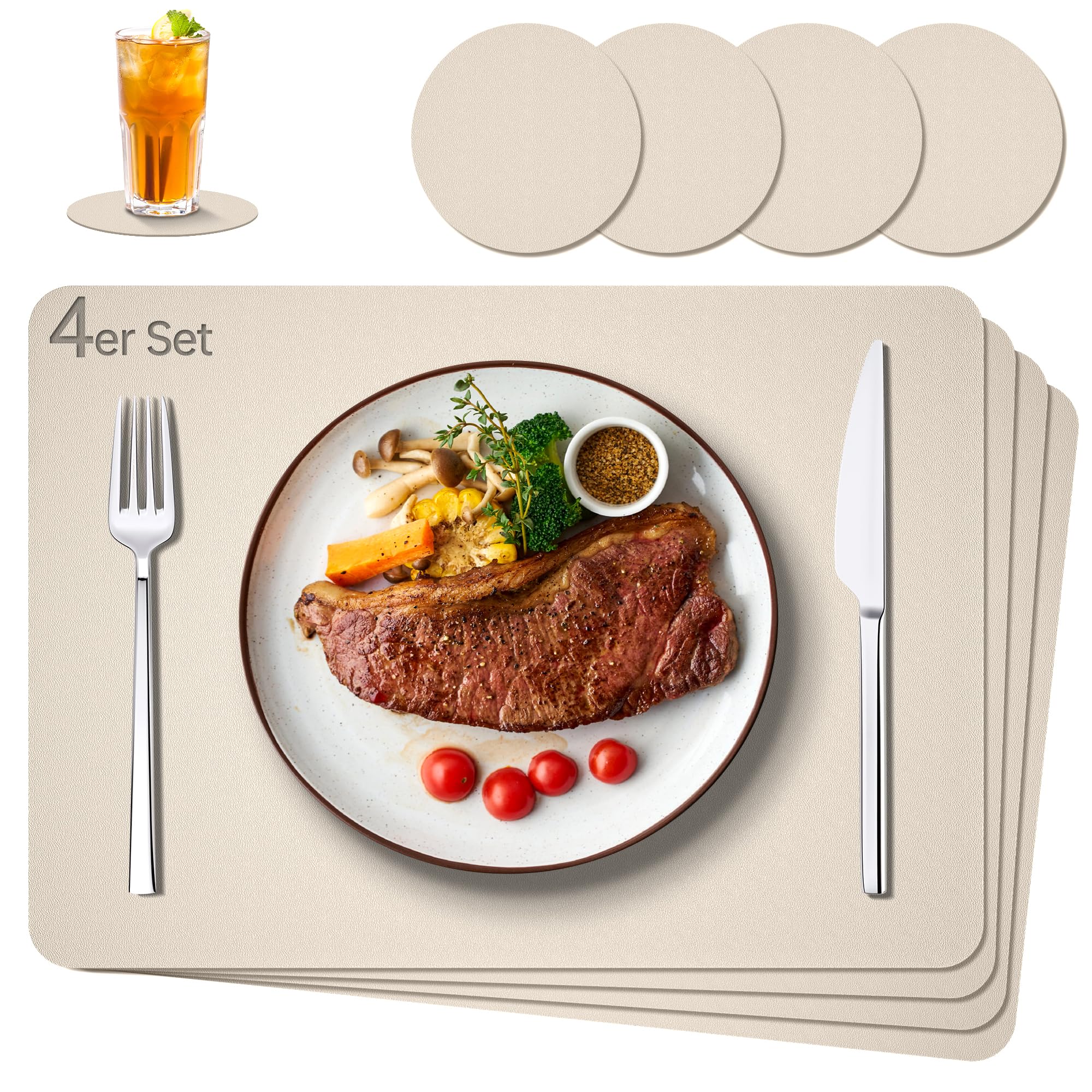 IKWOLETI Tischsets Abwaschbar mit Untersetzer - Platzsets Abwaschbar aus Kunstleder - Doppelseitige Platzdeckchen in Lederoptik - Ideal für Küche und Büro