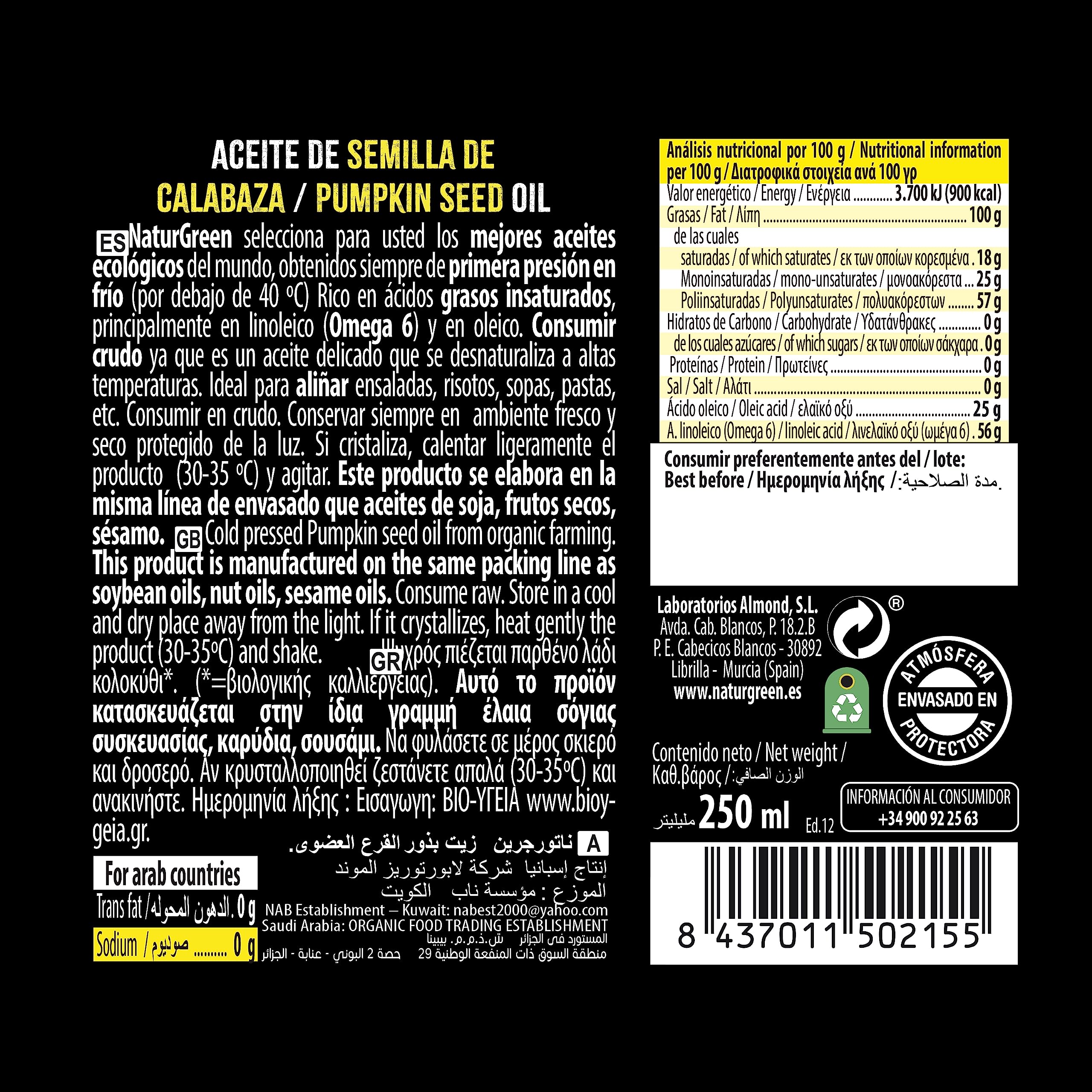 NaturGreen - Aceite Calabaza Bio, 100% Aceite de Semillas de Calabaza Ecológica, Primera Presión, 250 Mililitros — view 2