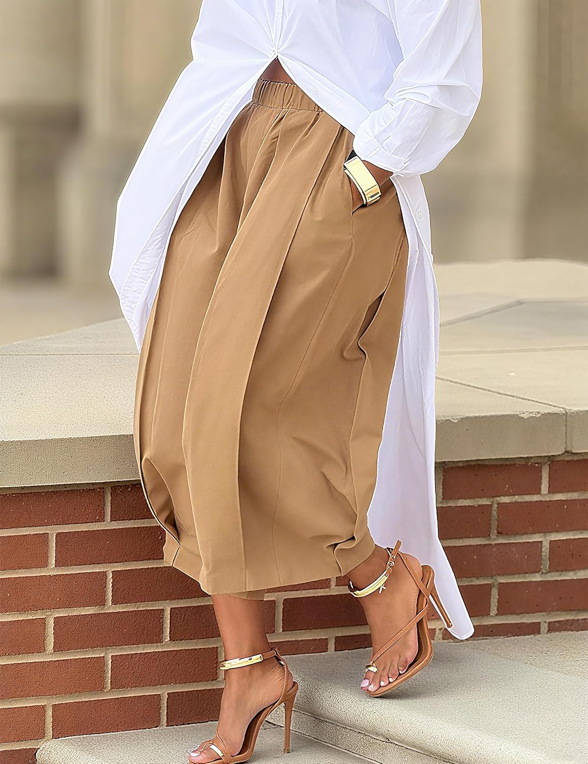 oshoplive Womens High Waisted Wide Leg Cropped Pants Loose Fit Ankle Palazzo Trousers for Women with Pockets Casual - Image 2