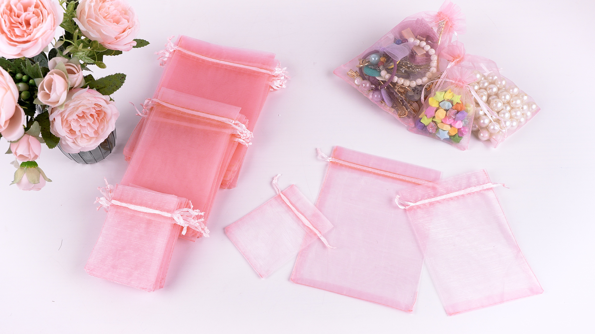 100 Sacchetti Organza Rosa 10x15cm - Per Regali, Matrimoni E Bomboniere - Foto 3