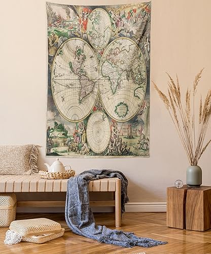 Ambesonne Tapiz vintage, mapa antiguo envejecido del mundo geografía histórica, diseño retro, colgante de pared para dormitorio, sala de estar,