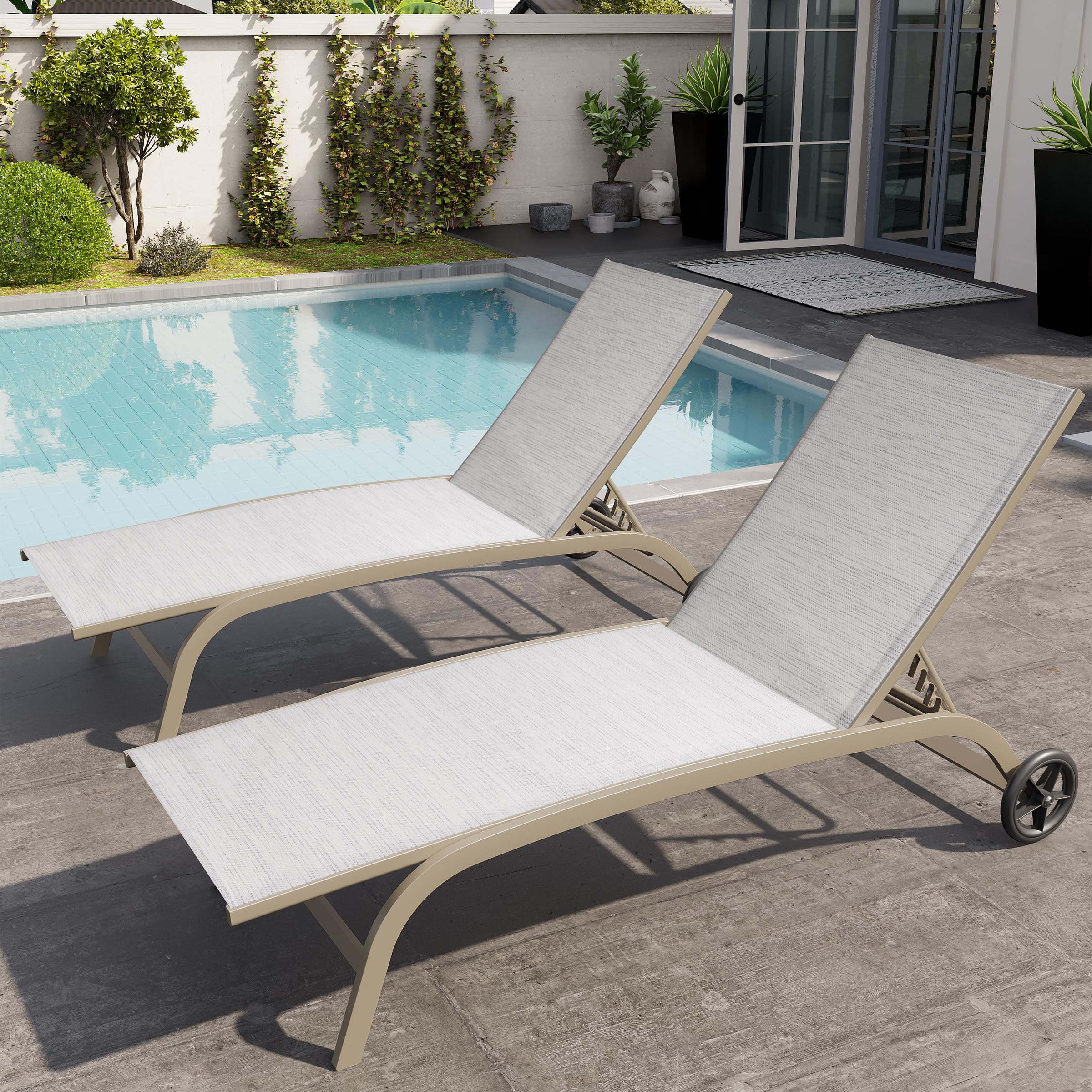 Crestlive Products Outdoor Chaise Lounge Chairs with Wheels Set of 2, Pool Lounge Chairs with 5 Adjustable Position for Patio, Poolside, Yard, Multi