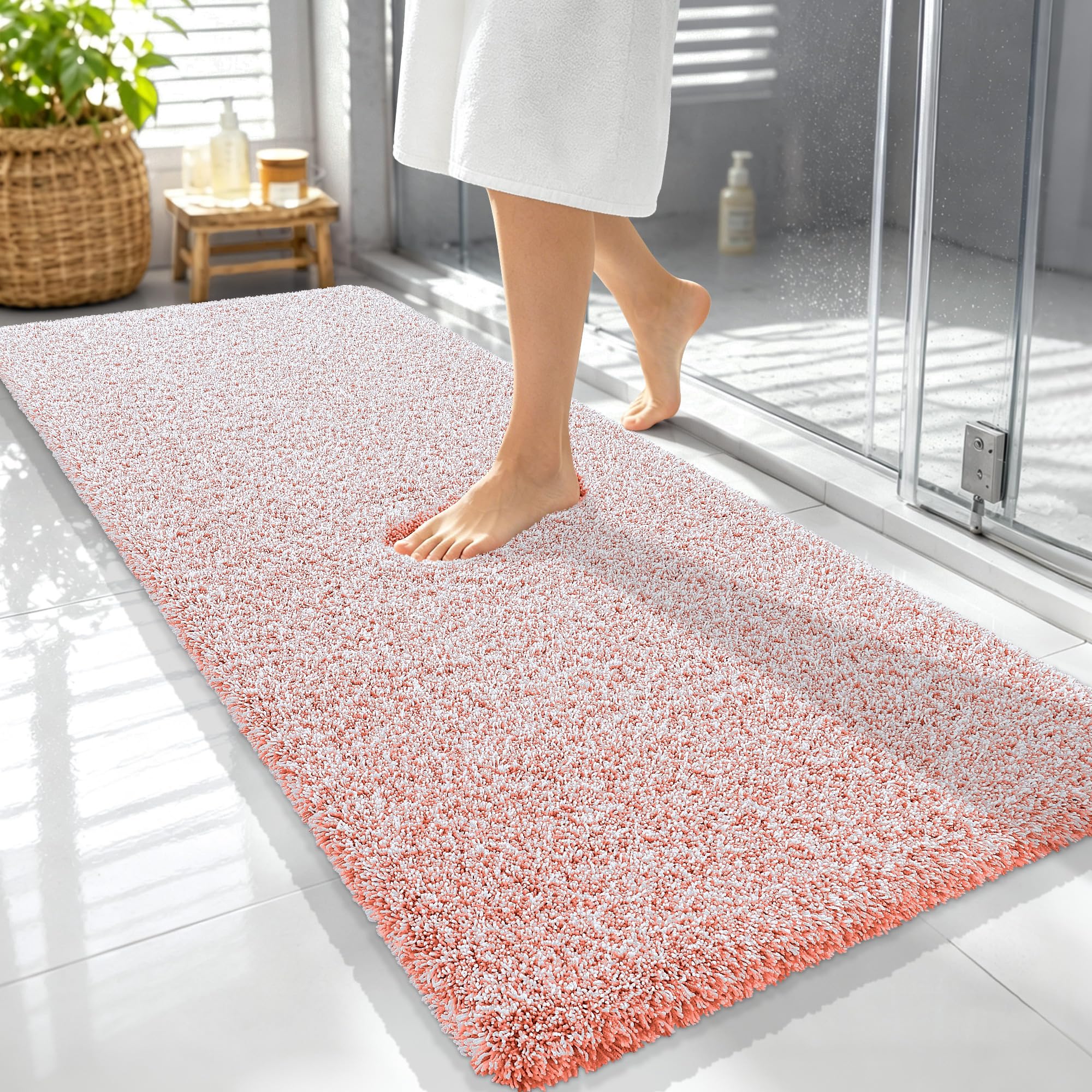 OLANLY Microfiber Bathroom Rugs 59x24, Quick Dry Bath Mat, Coral and White