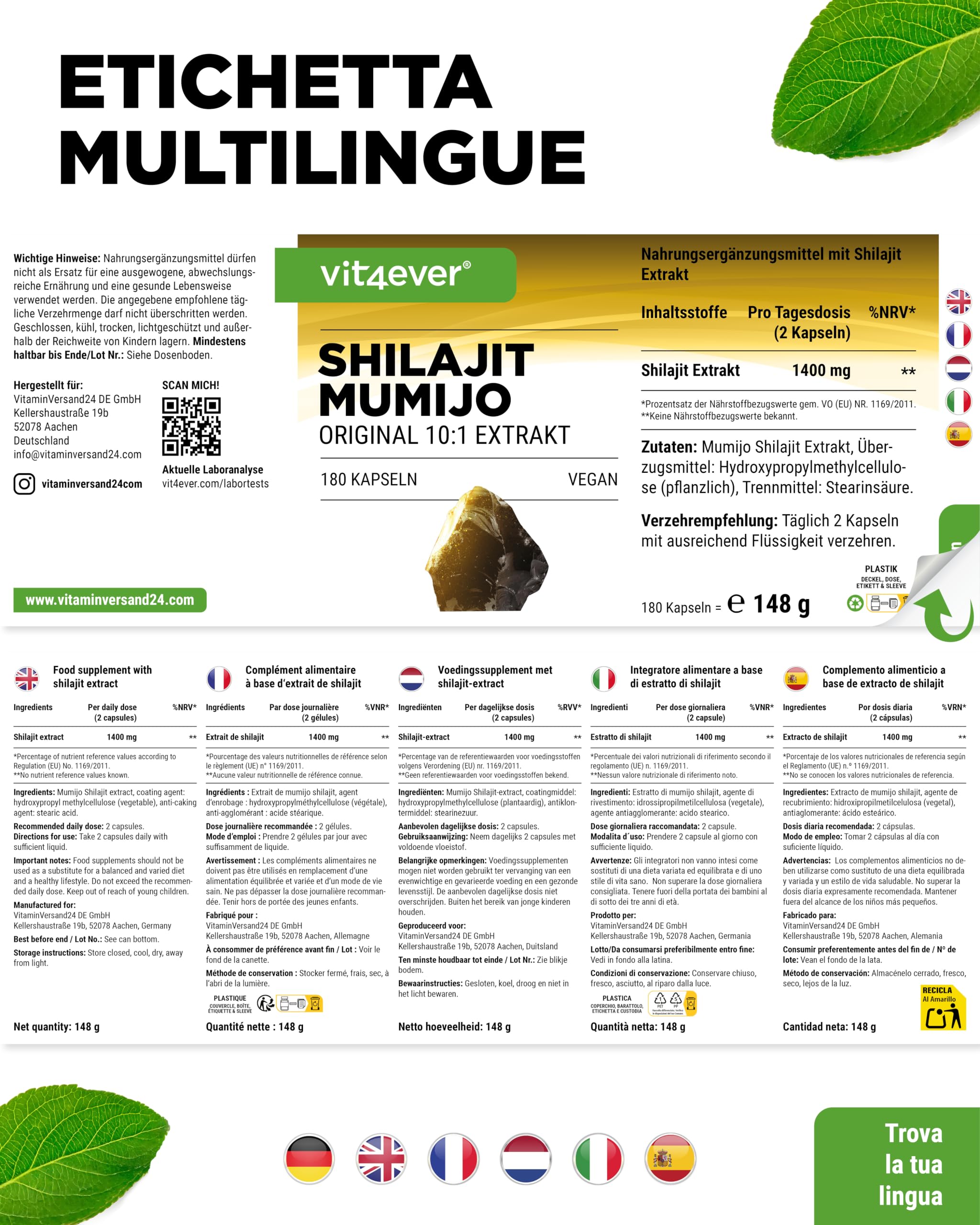 vit4ever Capsule di Shilajit ad Alto Dosaggio - 180 Capsule Vegane - 1400 mg di Estratto di Mumijo 10:1 per Dose Giornaliera - Shilajit Originale dall’Himalaya - Senza Additivi Inutili