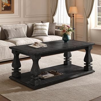 Farmhouse Wood Coffee Tables for Living Room, 47.24" Square Coffee Table with Storage Shelf, Crafted with Heavy Planked Top & Square Baluster Legs, Weathered Black