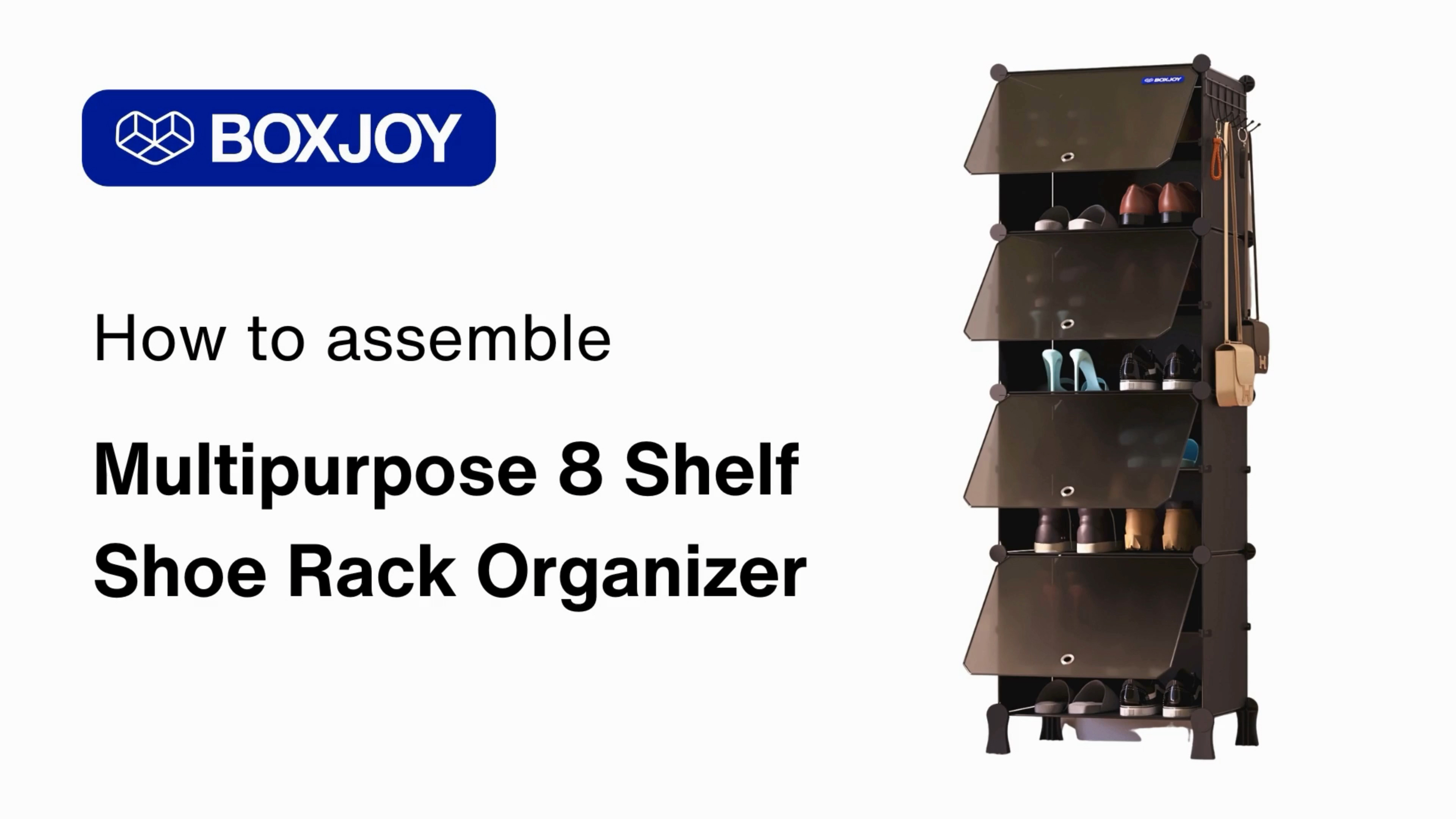 BOXJOY 8 Shelf Shoe Rack with 4 Transparent Doors, 5 Hook Steel