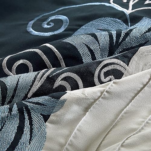 Miniatura 7 de Chezmoi Collection - Juego lujoso de edredón de 7 piezas Napa con bordado de hojas de otoño (tamaño California King, color azul marino, azul y gris)