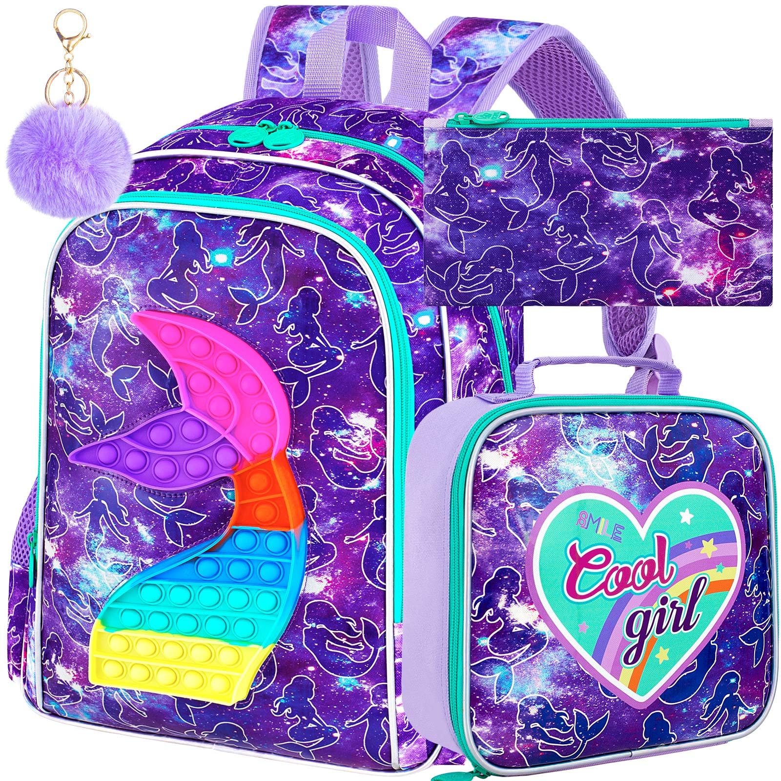 WZLVO Kids Backpack for Girls,Unicorn Mermaid Prechool Elementary Kindergarten School Bookbag and Lunch Box