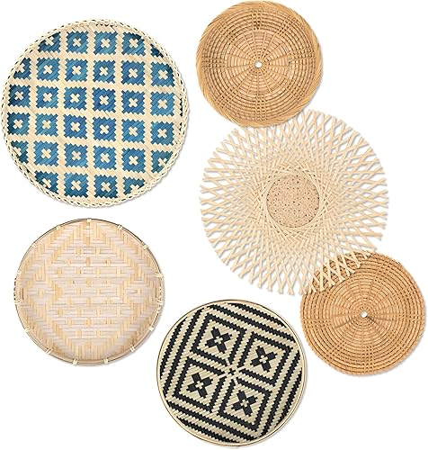b.spoke Decoración de cesta de pared colgante Juego de 6 cestas de pared decorativas bohemias tejidas a mano Decoración de pared redonda de bambú