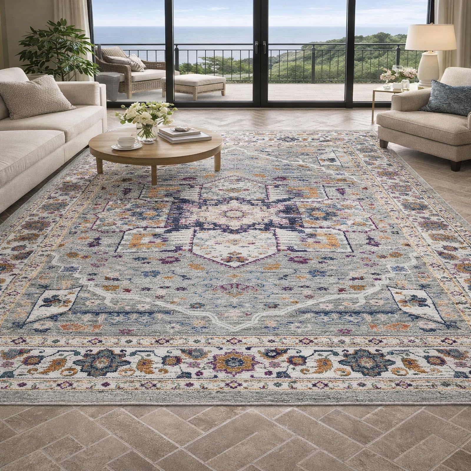 Tapis de salon gris et orange moderne 170x200 cm pour meuble TV
