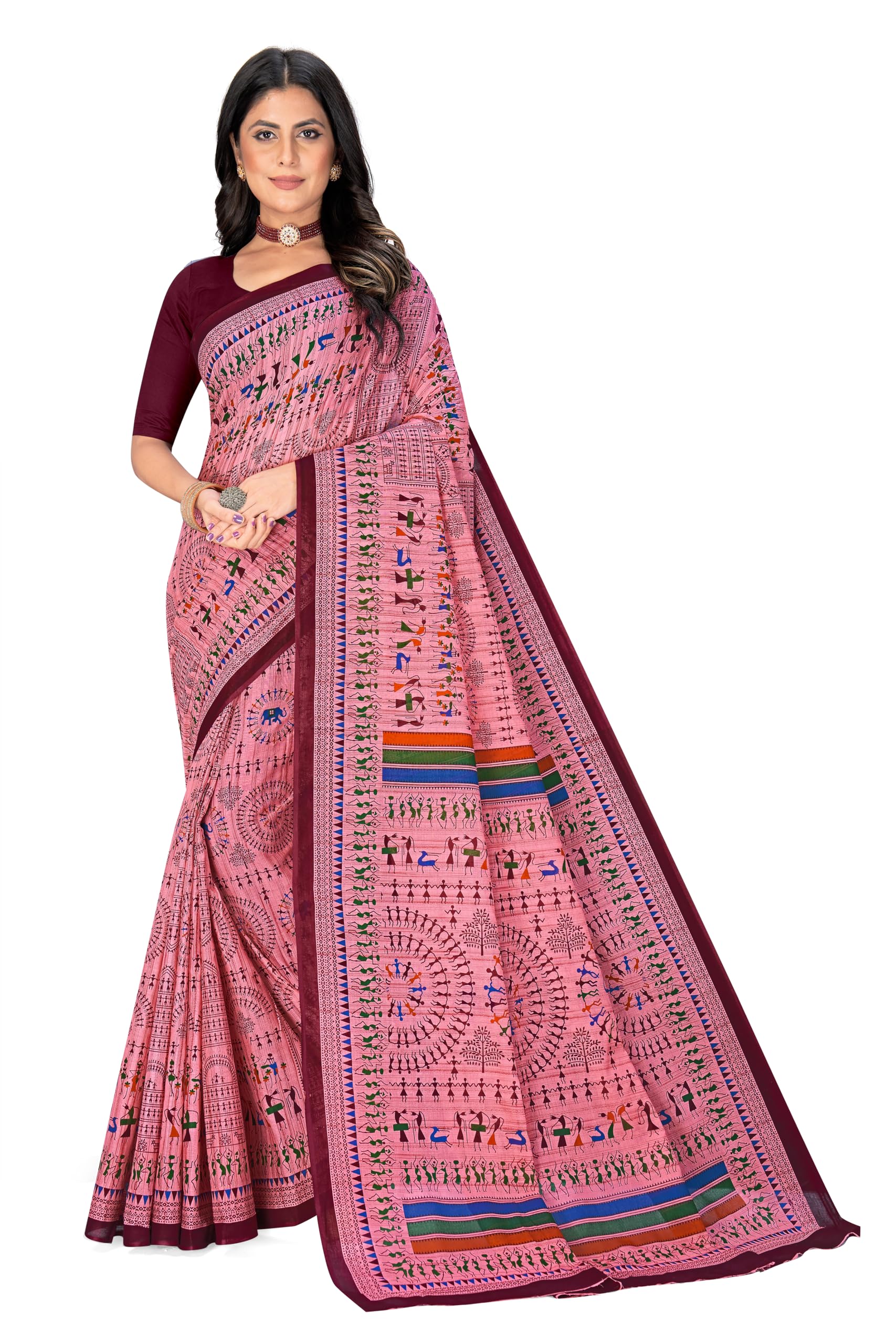 Tamaira Fashion Women's Warli Printed Pure Cotton Mulmul Saree Without Blouse Piece(2509_Dustypink)