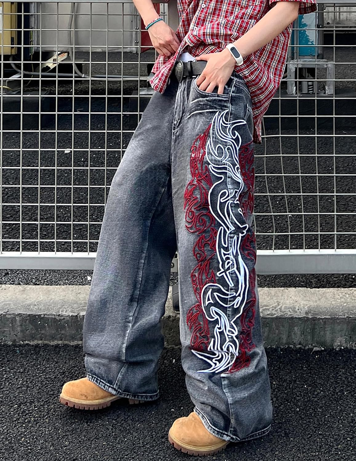 Mens Baggy Jeans Embroidery Pattern Denim Trousers Wide Leg Denim Pant Loose Fit Skater Jeans Streetwear Clothing
