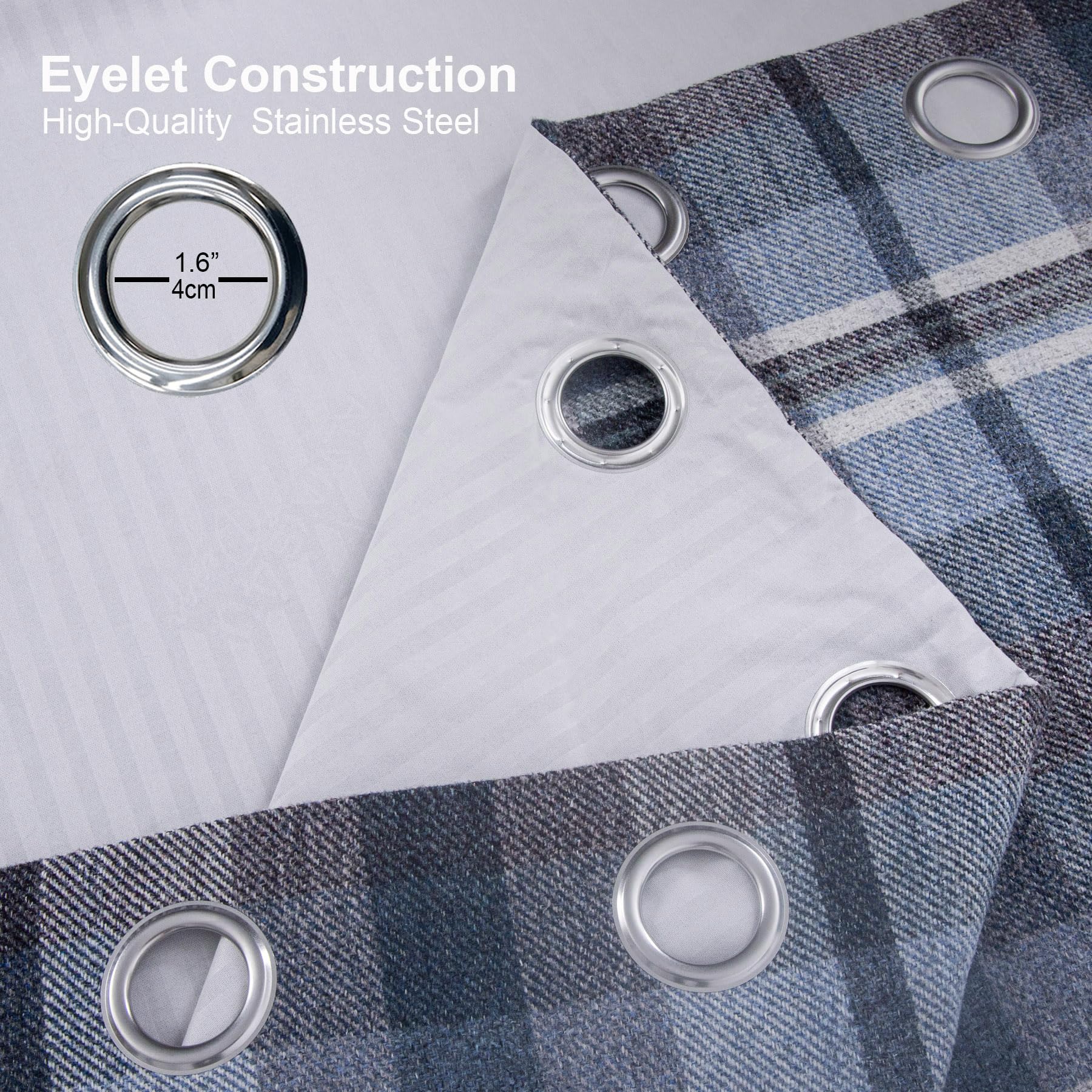 always4u 100% Blackout Tartan Curtains Highland Check Eyelet Curtain Woolen Look Plaid Brushed Cheque Pair of Window Treatment for Bedroom Living Room Navy Blue 46 * 54 Inches - Image 4