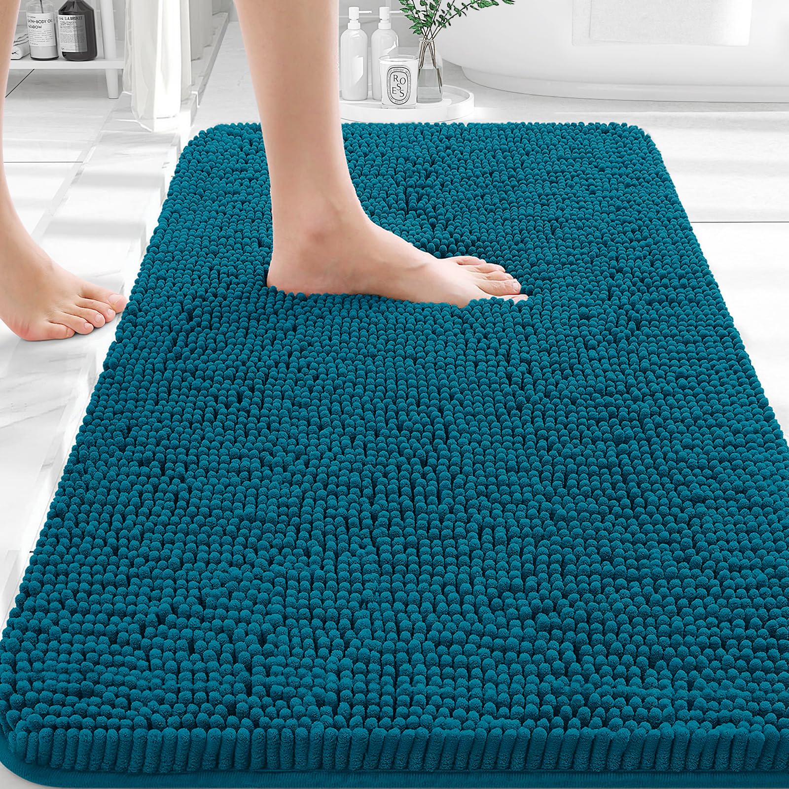 OLANLY Small Bathroom Rugs 30x18, Extra Soft Absorbent Chenille Bath Rugs | Peacock Blue, Quick-Drying Rubber Backing, Washable Bath Mat for Bathroom Floor, Tub and Shower, Home Decor Accessories