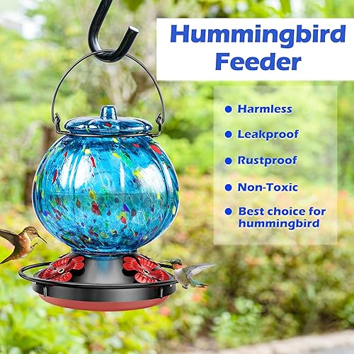 Miniatura 2 de Comedero para colibríes para exteriores  Comedero de pájaros de vidrio azul soplado a mano, a prueba de fugas, fácil de llenar y limpiar, 25 onzas,