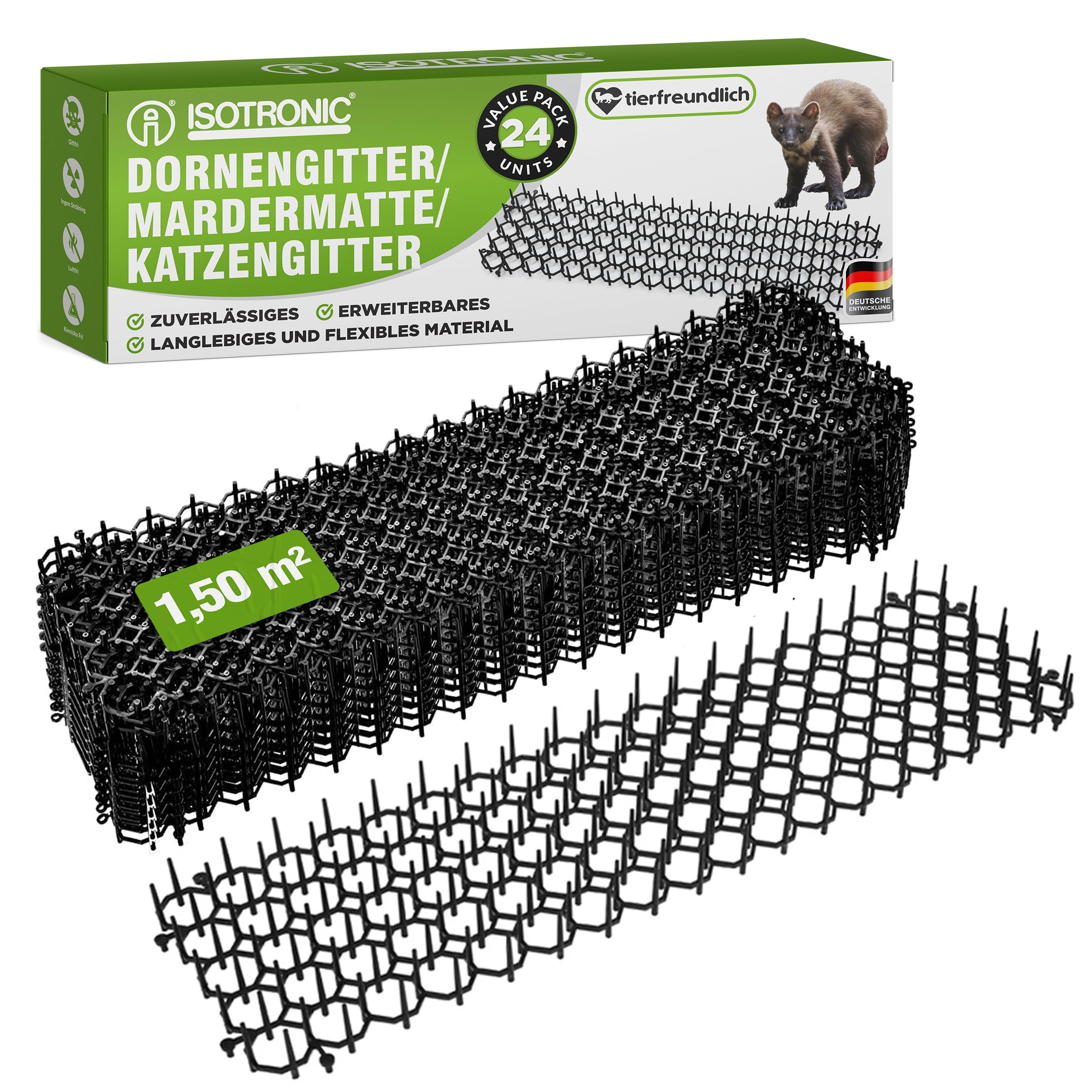 ISOTRONIC rete spinata allontanare gatti tappetino repellente martore cani protezione giardino alberi casa auto graffi 1,5m² 24 pezzi dissuasore barriera efficace esterno difesa stop animali fossi