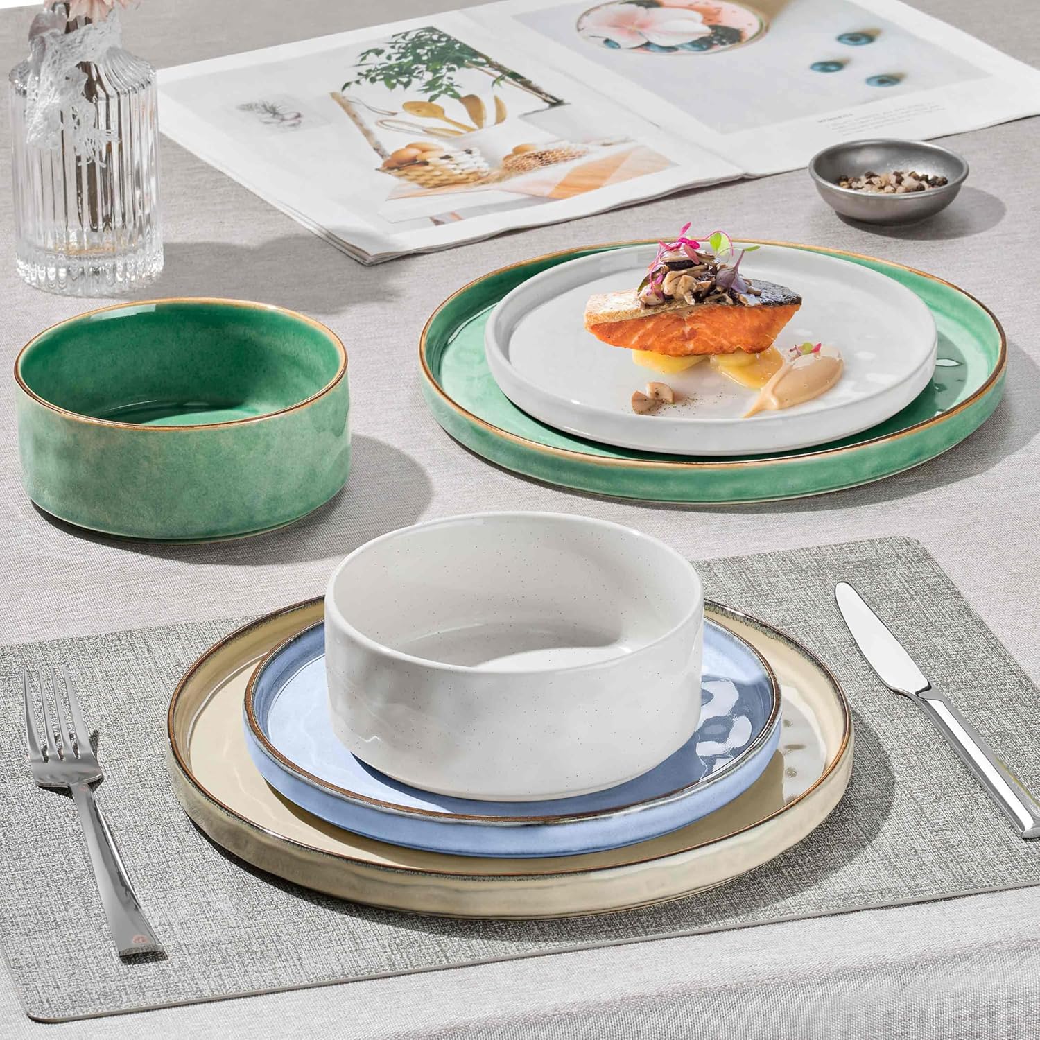 Herogo 12 Pieces Dishware Sets for 4, Stoneware Dinnerware Dish Set, Dinner Plates and Bowls for Home Kitchen, Dishwasher & Microwave Safe, Multicolor