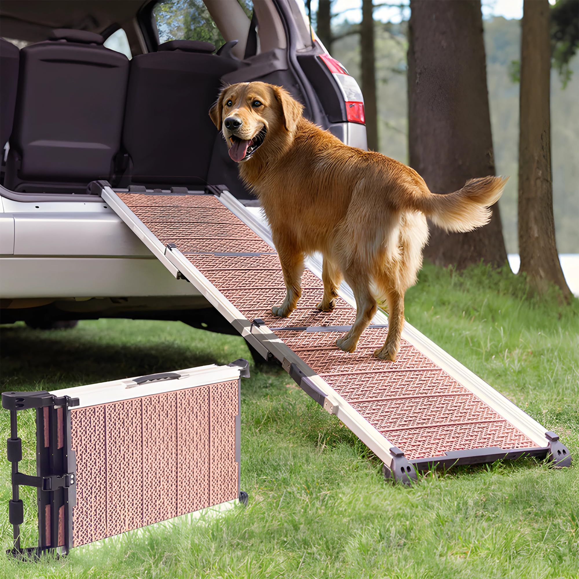 Rampa para Perros para Coche - Estable - Antideslizante - 90 kg de Capacidad - Rampas Extensibles para Perros Grandes - Laterales Reflectantes - Escalera Ligera para Perros - Clip de fijación - Arena Certificado ClimatePartner