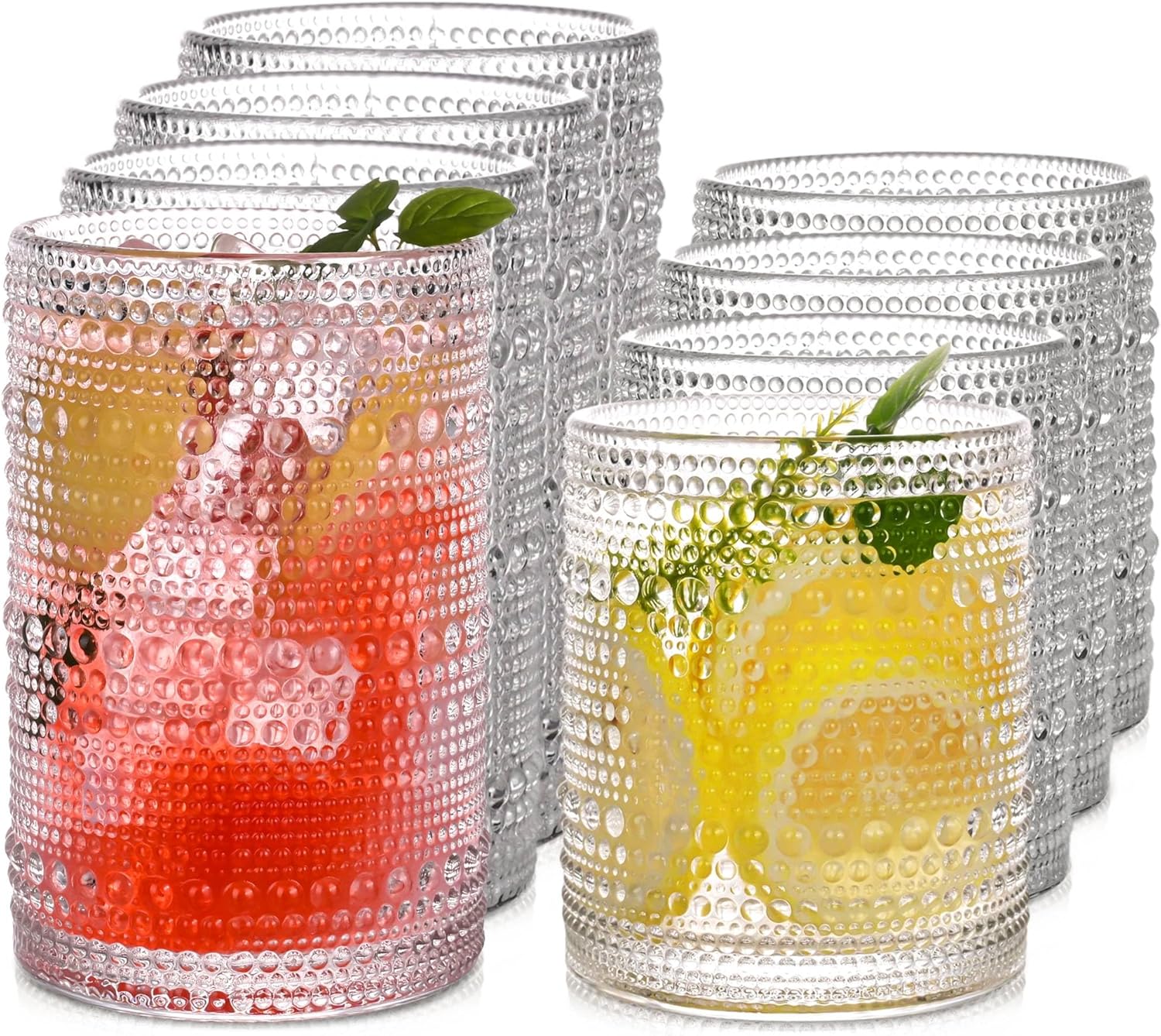Vintage Hobnail Drinking Glasses Set of 8,15 oz Highball Glasses & 12 oz Cocktail Glasses,Drinkware Kitchen Glasses for Cocktail, Iced Coffee, Beer, Ice Tea, Wine, Whiskey, Water