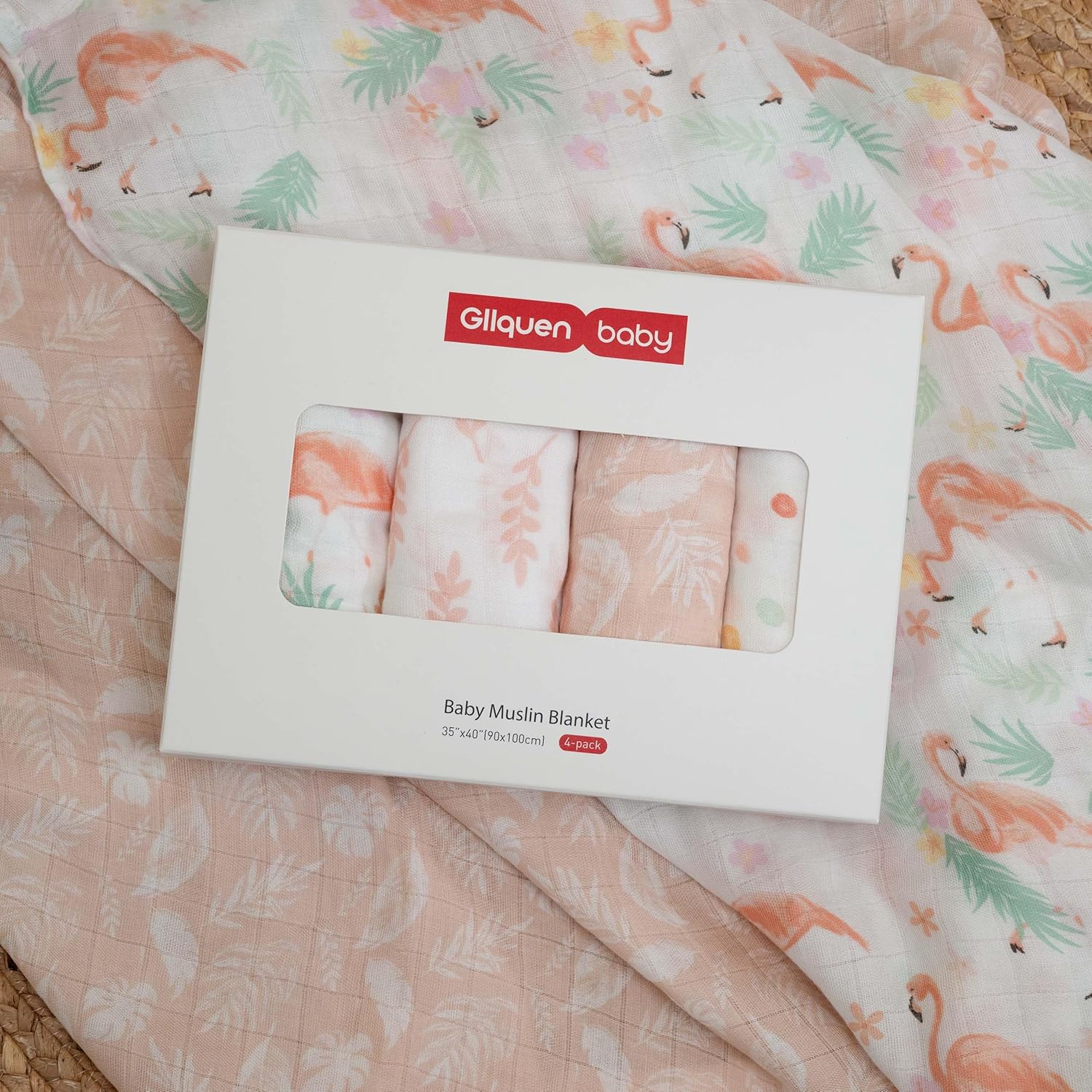 GLLQUEN BABY Muslin Swaddle Blankets 4-Pack Breathable Receiving Blankets (35" x 40") Soft Baby Blankets for Girls and Boys Newborn Essentials Muslin Burp Cloths Swaddle Wrap Baby Gift(Flamingo) - Image 7