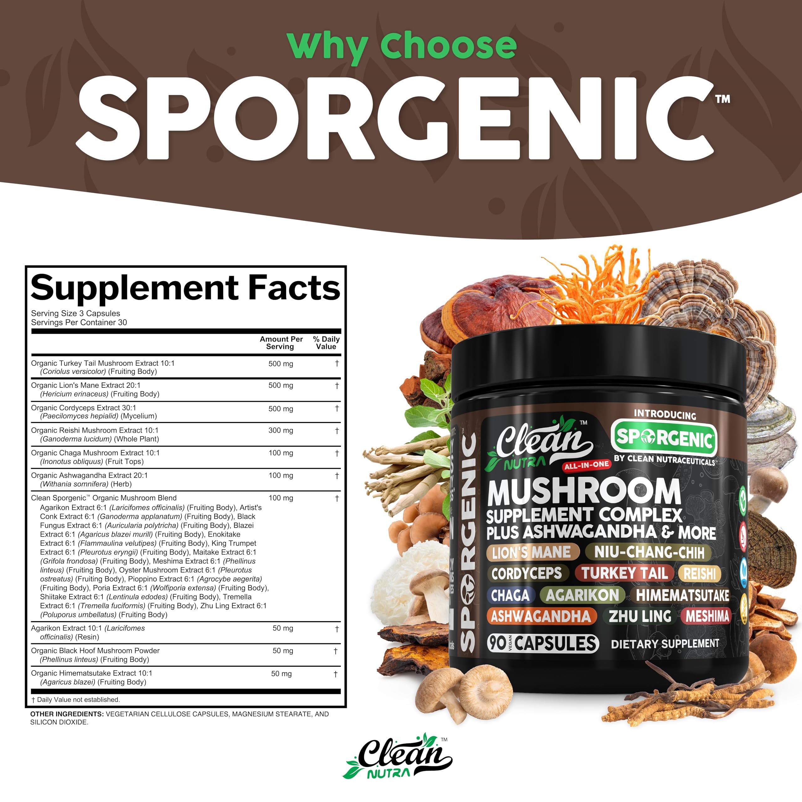 Organic Mushroom Supplement | Ashwagandha Lions Mane Cordyceps Turkey Tail Reishi Mushrooms Maca Root Black Hoof Chaga Tremella Agarikon Shiitake Oyster Powder Capsules Sporgenic By Clean Nutra (1) — Amazon image 5