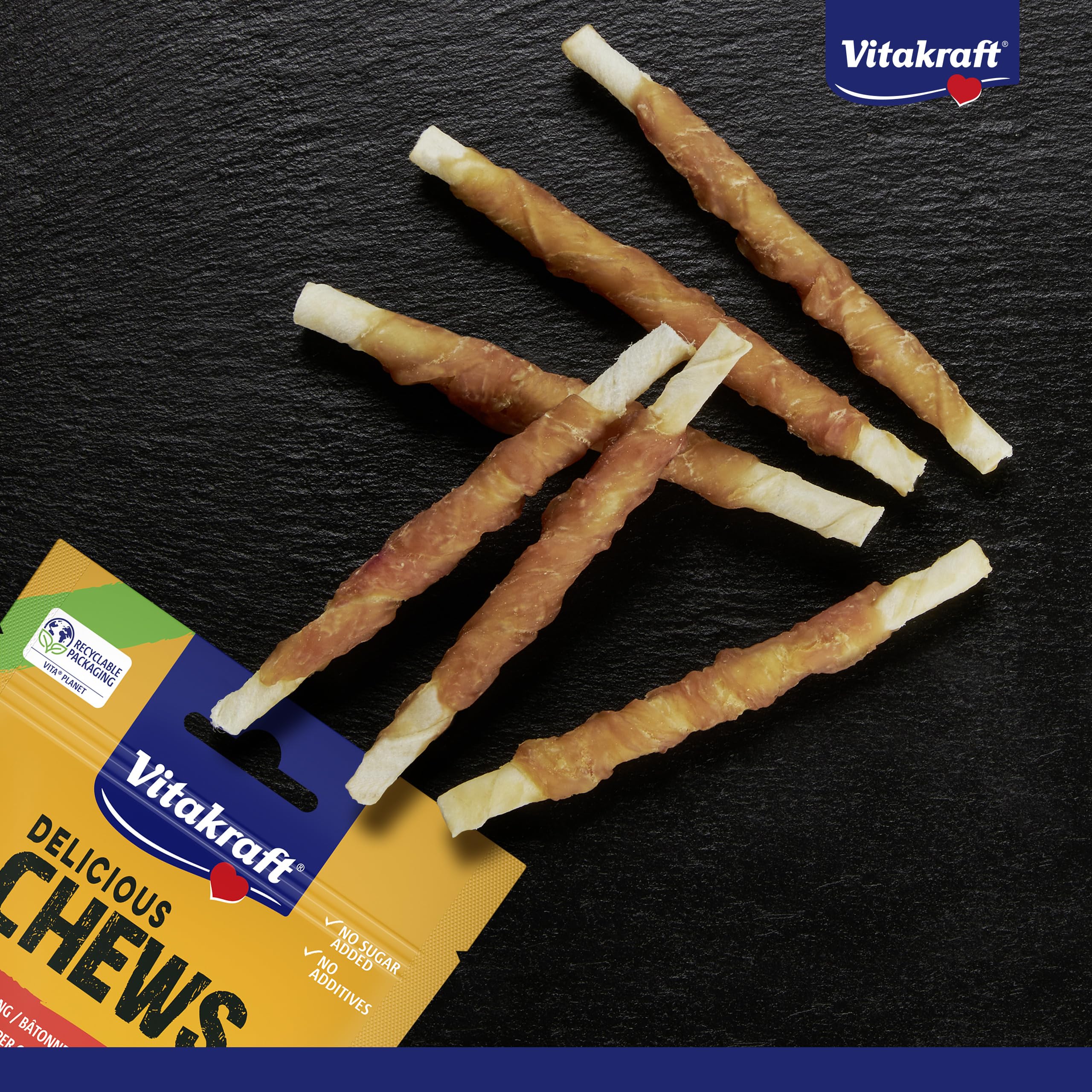 Vitakraft Delicious Chews, Hundekauknochen, Kaurollen aus Rinderhaut umwickelt mit Hühnchenfleisch, zur Beschäftigung, ohne Zusatz von Zucker (10x 70g)