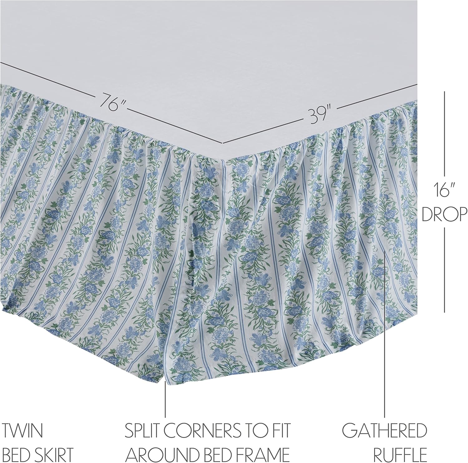 VHC Brands Jolie, Farmhouse Bed Skirt Dust Ruffle, Floral, Twin, Blue & Green, 39x76x16