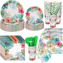 Mumufy 194 Pcs Hawaiian Luau Party Supplies Tropical Party Tableware Set Disposable Plates Napkins Cups Straws Cutlery and Tablecloth for Summer BBQ Dinner Beach Birthday Decorations, Serves 24
