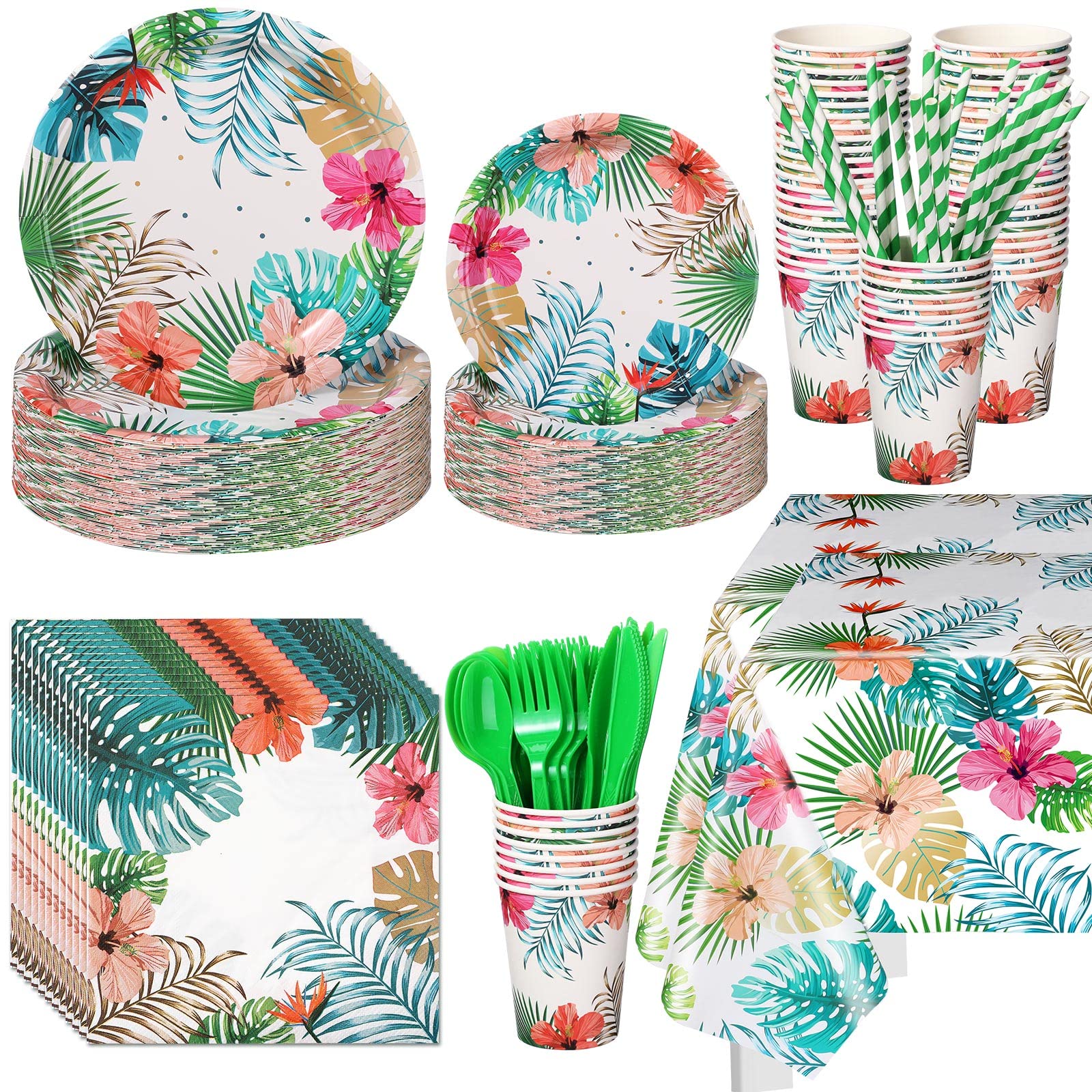 Mumufy 194 Pcs Hawaiian Luau Party Decorations Supplies Set Tropical Birthday Party Summer Beach Luau Party Dinnerware Includes Plates Napkins Cups