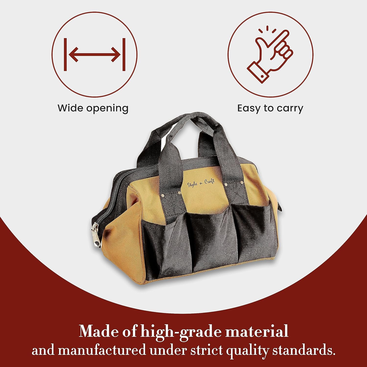 Style n Craft 23-Pocket 12" Wide Mouth Tool Bag, Heavy-Duty 600D Polyester Tool Storage Bag, Khaki and Black (76510)