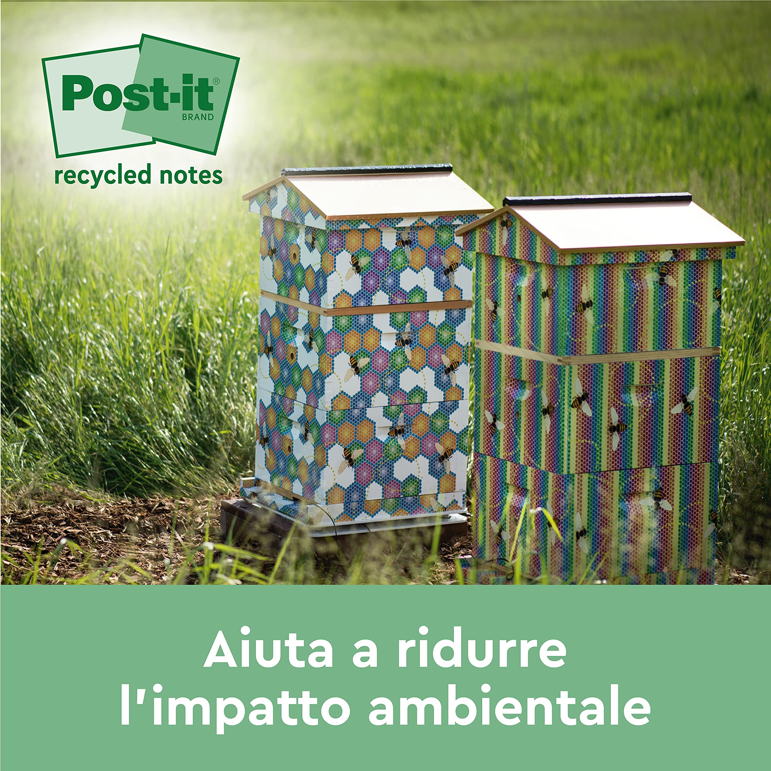 Post-it Notatki do recyklingu, różne kolory, 6 wkładek, 100 arkuszy na podkładkę, 38 mm x 51 mm, zielony, różowy, żółty, niebieski - karteczki samoprzylepne wykonane w 100% z papieru z recyklingu