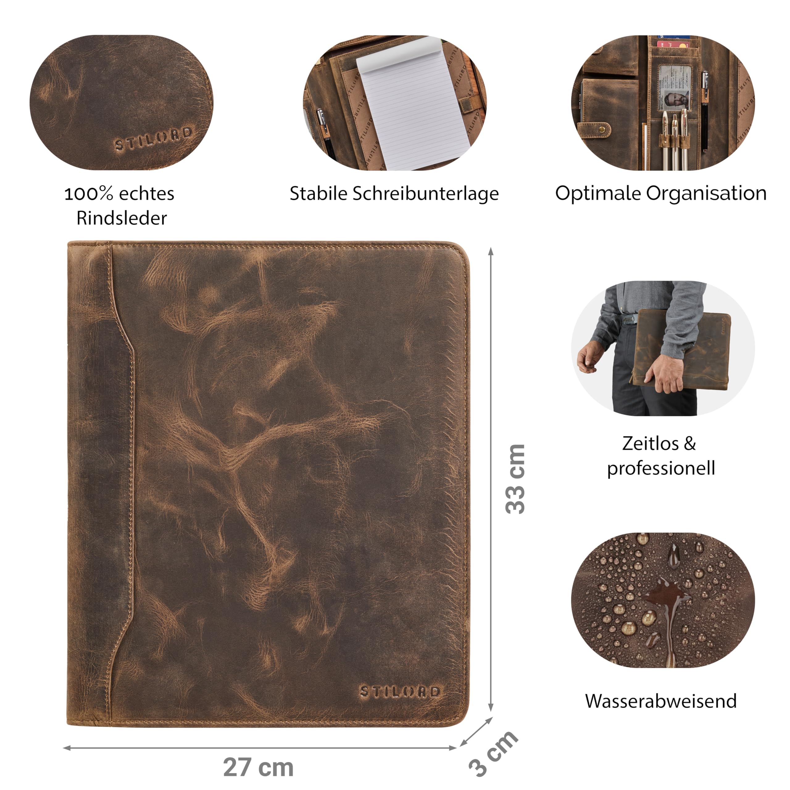 STILORD Wesley Elegante Dokumentenmappe Braun A4 Leder Konferenzmappe mit Reißverschluss - Große Ledermappe Echtleder Dokumententasche für Tablet 13 Zoll für Büro