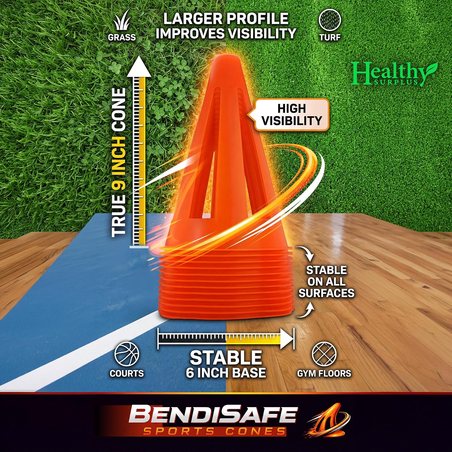 Soccer Training Discs - Flexible Agility Marker Discs for Soccer, Football & Basketball Drills- 7” Base and 2.25” Tall – High Visibility Orange Field Marker Cones - Made in USA - BendiSafe