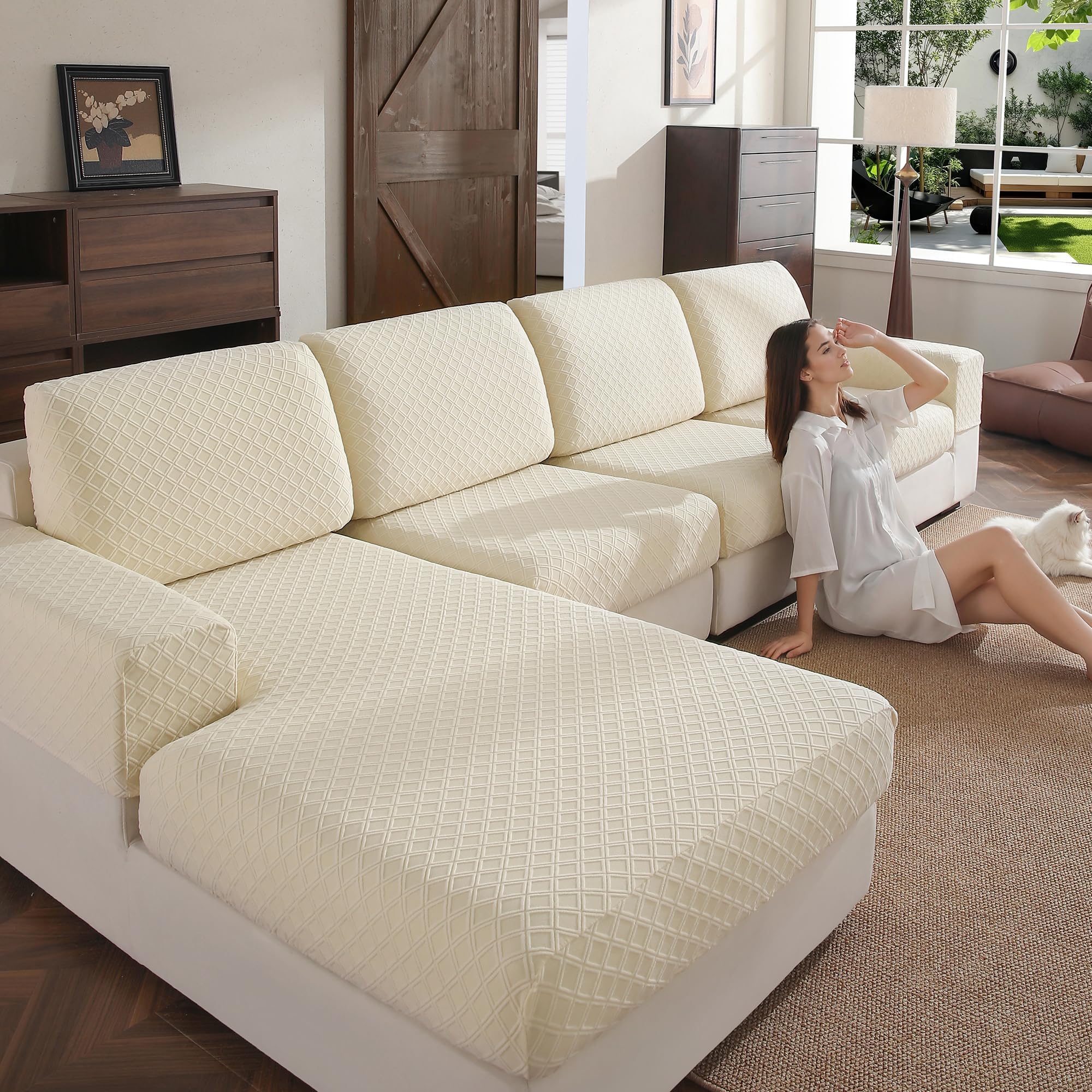 OHSIO Couch Cover, Stretch Sofa Cover, Soft Seat Cushion Covers Washable, Sectional L Shape Sofa Slipcover, Wear Stain Resistant Pet Friendly Furniture Protector for Home (3 Seat Covers S, Ivory)