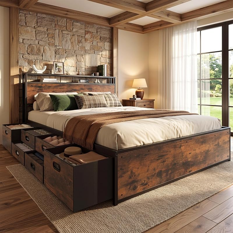 LIKIMIO Queen Size Bed Frame with 12 Storage Drawers and Headboard