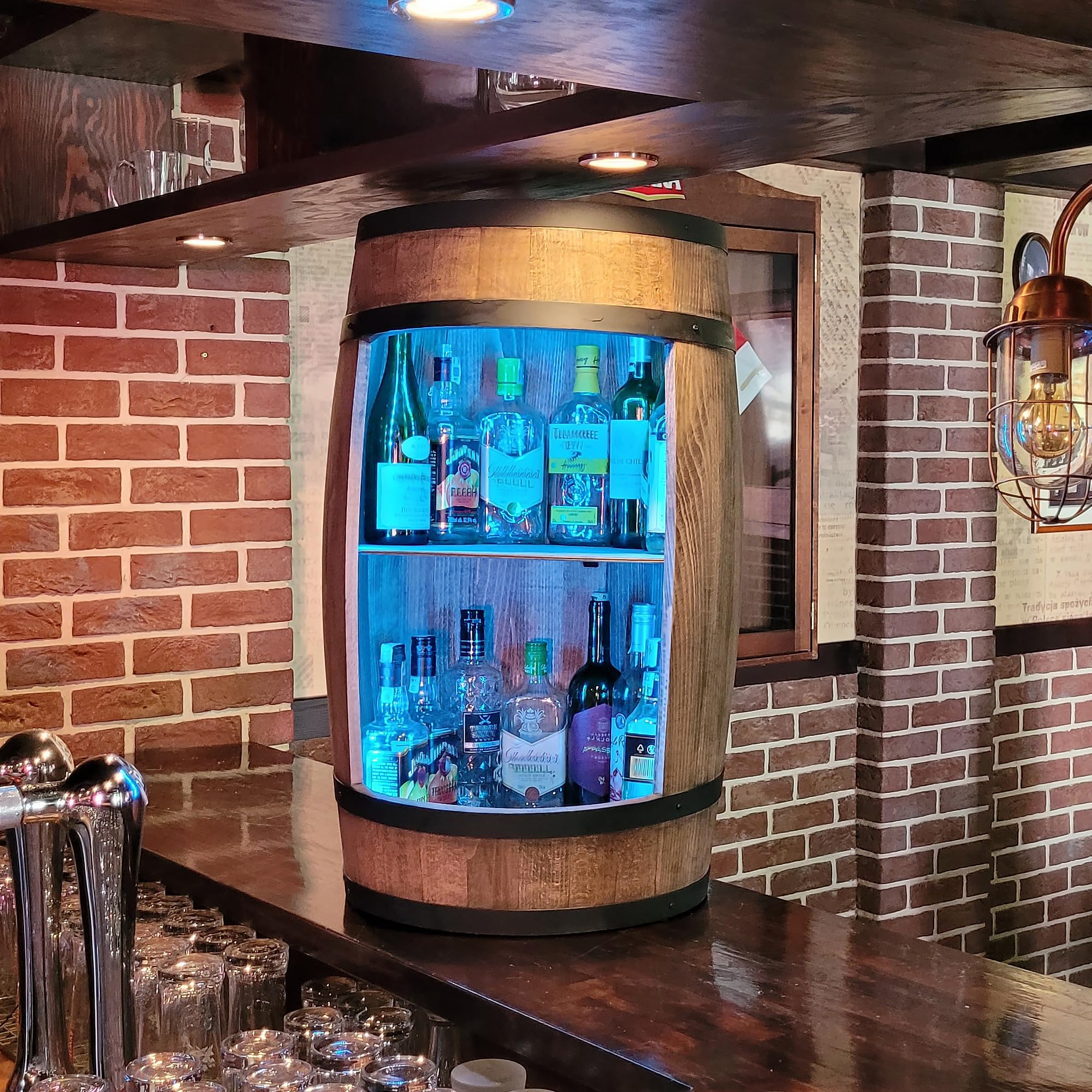 weeco Mobiletto bar a barile in legno con illuminazione a LED RGB, Minibar a forma di botte. Armadietto con ripianoper vini whisky - botte tavolo.Un uomini, Botte per Vino (wengé)