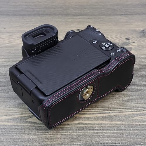 Miniatura 5 de Apertura inferior PU cuero Grip media cámara caso para Canon EOS R50 cámara con trípode diseño negro